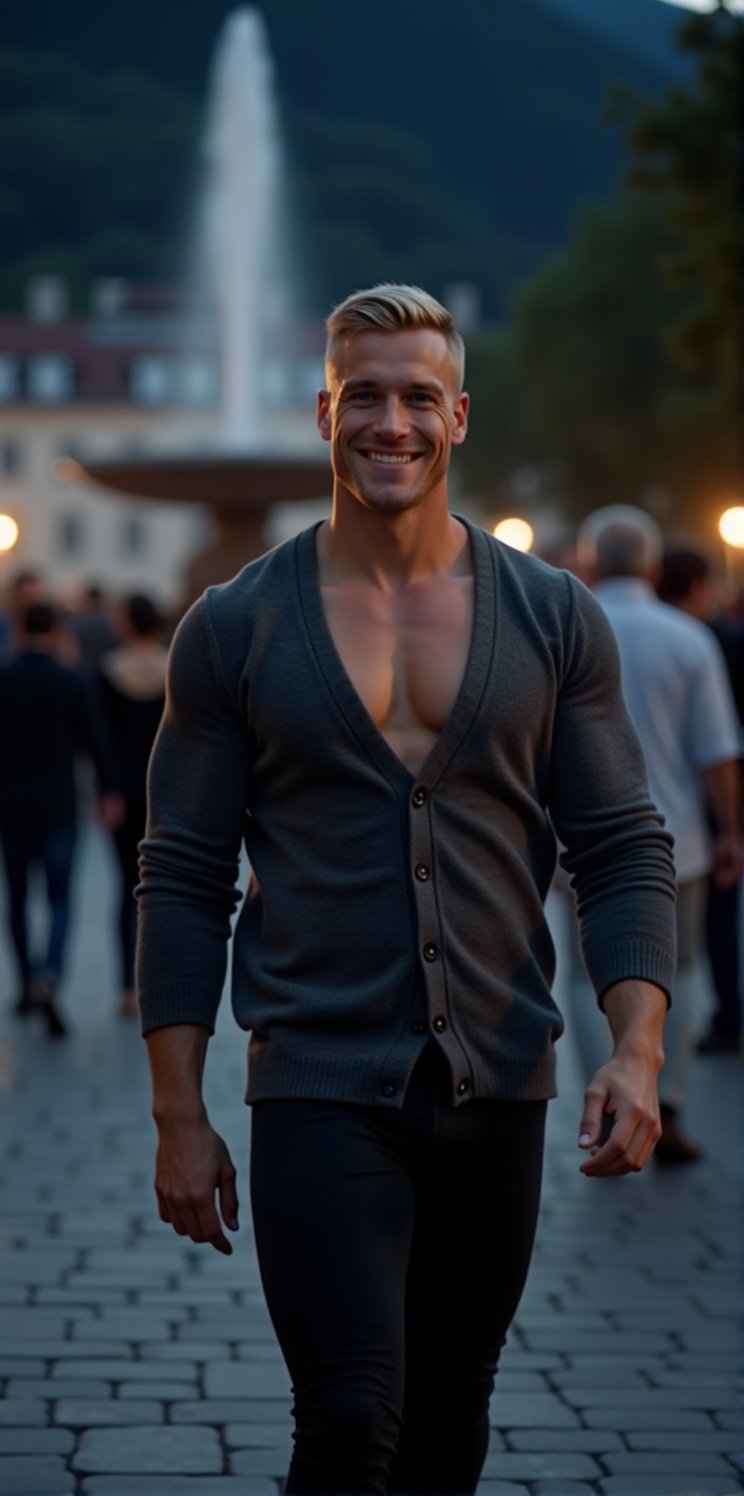 Imagine the following scene: a beautiful man walking through a square. At the back of the square many people walk around a large fountain. It's a dark night, only the moon and stars in the sky.

The man is blonde, 28 years old, from Slovakia. muscular, he wears a thick gray wool sweater, the sweater is button-down with a "v" neck. The open sweater showing his shapely and muscular chest. He wears short black lycra pants, tight to his muscular legs, and black boots. Smile, blue eyes, short hair, straight hair. Dynamic pose.

 perfect hands (detailed face, detailed skin texture), (photorealistic), masterpiece: 1.5, beautiful lighting, best quality, beautiful lighting, realistic and natural image, intricate details, everything in focus, perfect focus, photography, masterpiece, small nuances, Supreme resolution, 32K, ultra-sharp quality and details. Superior, realistic and complex, perfect proportions, perfect hands, perfect feet. (extremely detailed skin texture and pores)