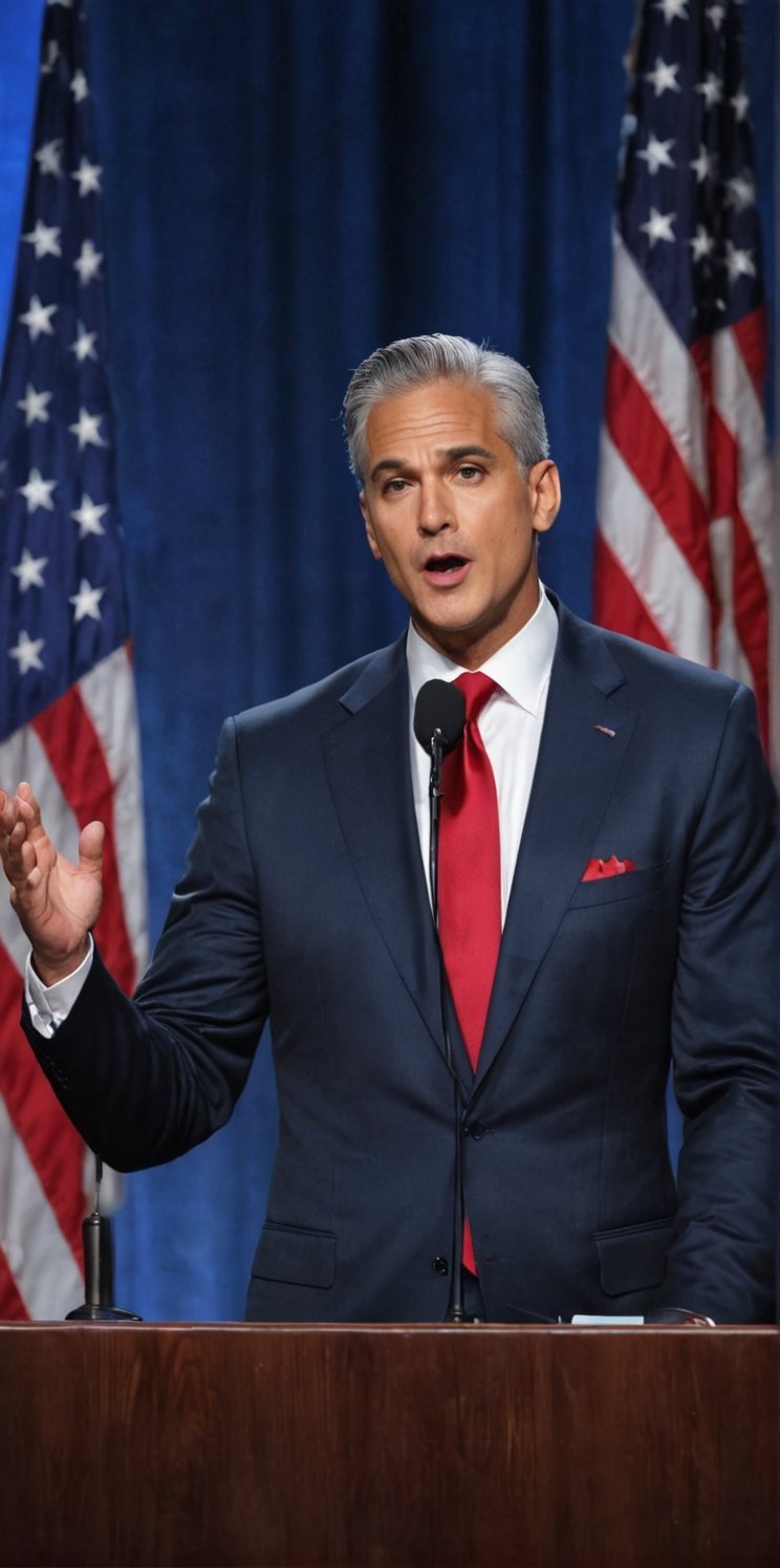 Imagine the following scene:

on a large stage with a podium in the center. A beautiful man speaks into a microphone.

The man is behind the podium, speaking into a microphone, he is a politician in a presidential campaign.

The man is Latino, 40yo, with gray hair in his hair, muscular, very light and bright blue eyes, big eyes, long eyelashes, full and red lips.

He wears a navy blue suit, black dress shoes. Red tie

His hands are raised, the audience speaks with emotion.

The shot is wide, to capture the details of the scene. best quality, 8K, high resolution, masterpiece, HD, perfect proportions, perfect hands. no flags