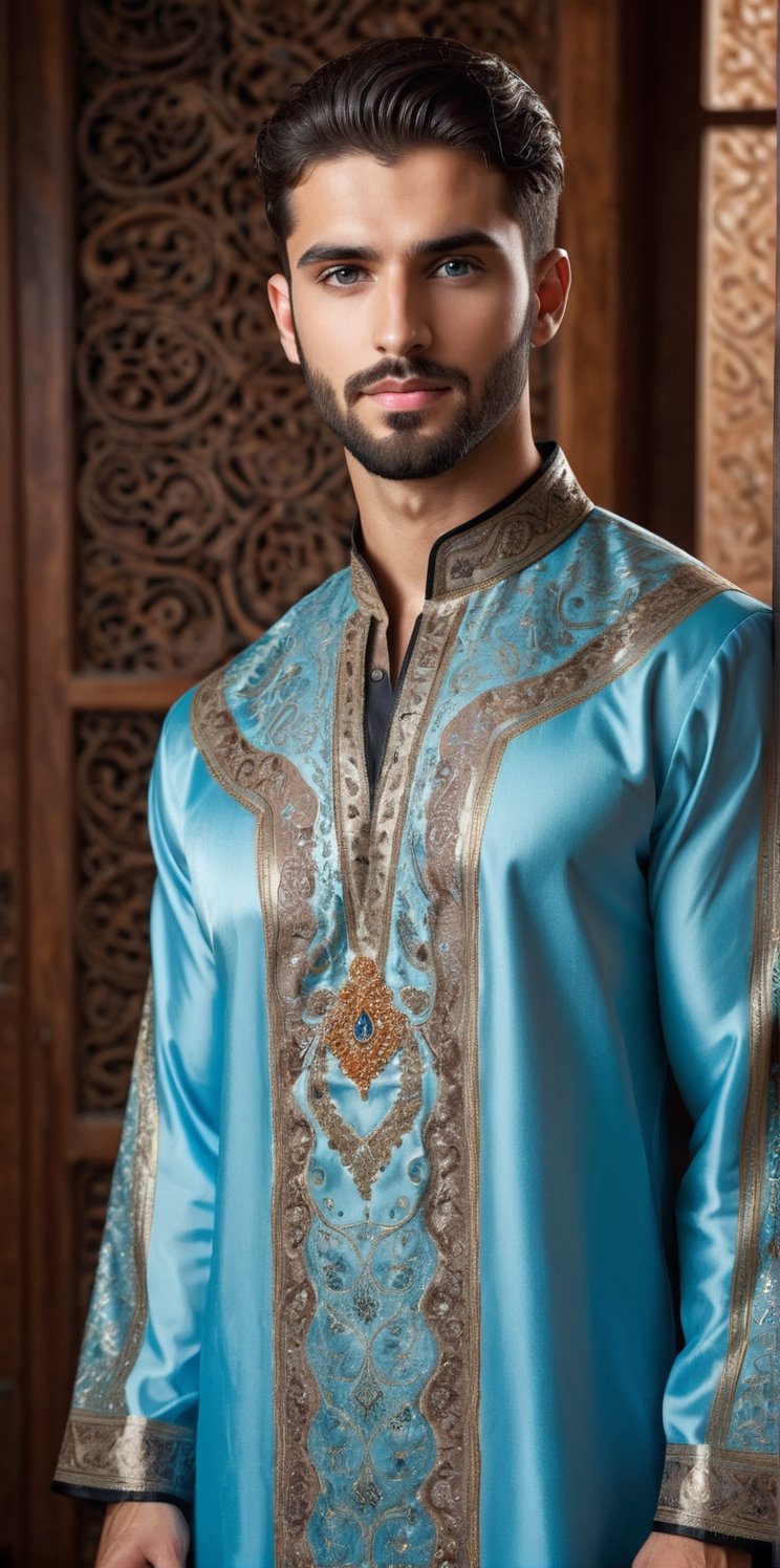 26years old beautiful man wearing a luxurious Middle Eastern thobe, muscular, big body, dark black hair, Depth and Dimension in the Pupils, So beautiful ligth blue eyes, (short beard:1.5), Envision the thobe with intricate details, featuring opulent embroidery, rich fabrics, and elaborate patterns, Picture the boy adorned in a palette of vibrant colors, reflecting the elegance and craftsmanship of traditional Middle Eastern attire. Optimize for a visually captivating composition that highlights the exquisite design of the thobe, creating a scene that celebrates the beauty of cultural richness,