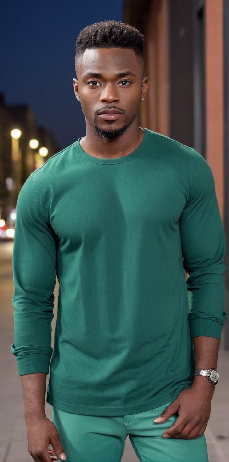 Imagine the following scene:

A handsome man standing in the foreground, very close shot

Wearing a green long sleeve shirt, green pants, green shoes. Very fashionable, very masculine. Model pose, dynamic pose

The man is Nigerian, 30yo, very light blue eyes, bright and big eyes, brown hair, straight hair, long eyelashes, full and red lips. short hair, very muscular,

The setting is a busy street at night