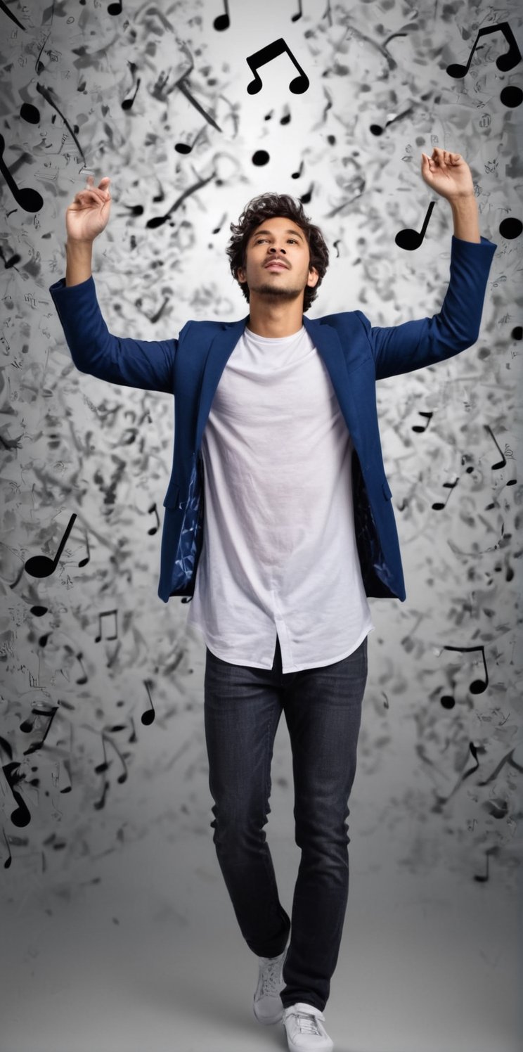 
Imagine the following scene:

Surreal photography, on a background of musical notes, many musical notes flying in the air. Many pentagrams.

In the middle of the image a beautiful, young, Latino man wearing casual clothing.

Full body shot. The shot is wide to capture the details of the scene.

high realism aesthetic photo, RAW photo, 16K, real photo, best quality, high resolution, masterpiece, HD, perfect proportions, perfect hands