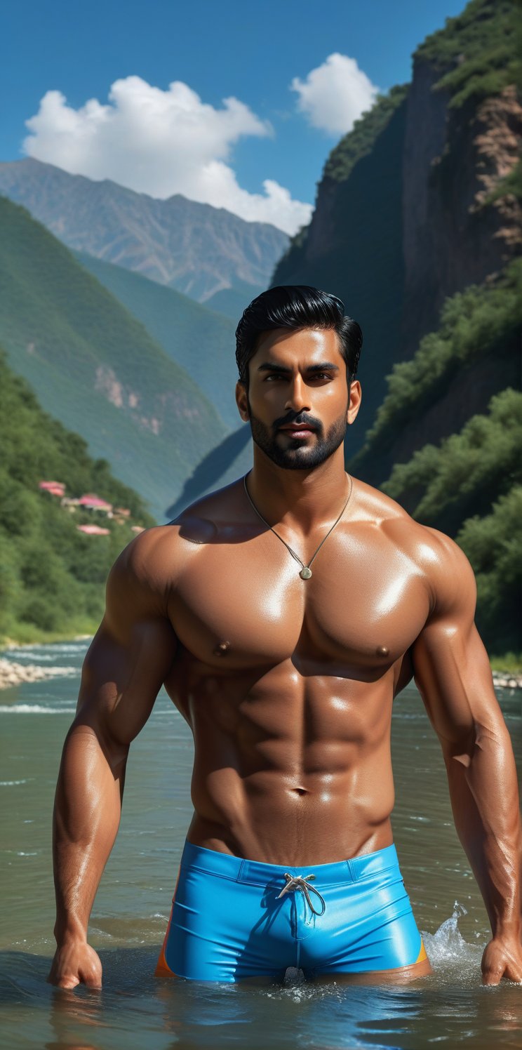 
Imagine the following scene:

Hyperrealistic photograph of a beautiful man. Full body shot. 

He is standing in the middle of a great river, a very mighty river. Between mountains.

He bathes in the river. Wet body.

She wears a colorful swimsuit, a bikini-type swimsuit, a large crotch, a large and voluptuous crotch, thick and muscular legs. 

Enjoy your bath.

The man is from India. 30yo. straight hair up to the neck. Very black hair. Light blue eyes. Muscular.

dynamic pose

perfect hands (detailed face, detailed skin texture), (photorealistic), masterpiece: 1.5, beautiful lighting, best quality, beautiful lighting, realistic and natural image, intricate details, everything in focus, perfect focus, photography, masterpiece, small nuances, Supreme resolution, 32K, ultra-sharp quality and details. Superior, realistic and complex, perfect proportions, perfect hands, perfect feet. (extremely detailed skin texture and pores)