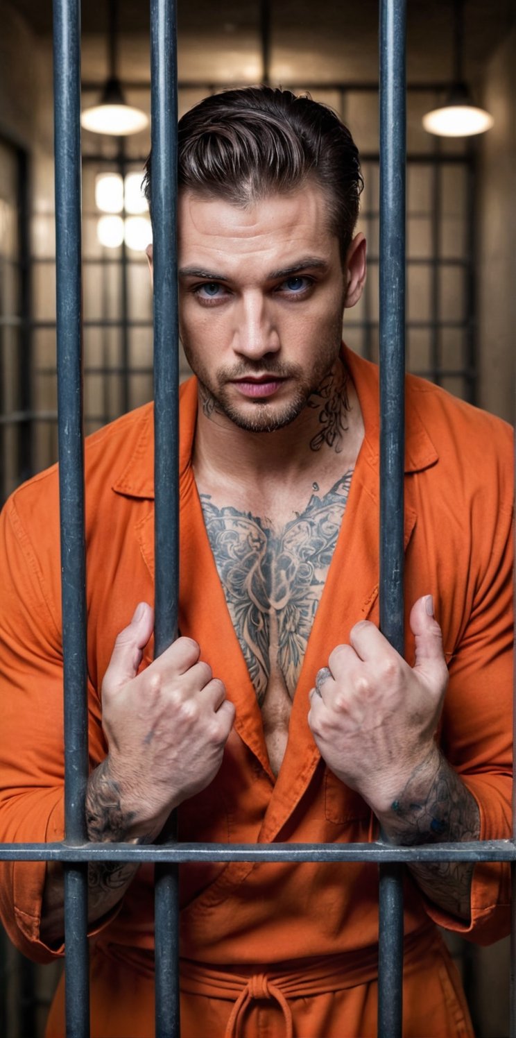 imagine the following scene

In a jail cell, a handsome mafia man standing behind the bars. hold the bars with both hands

The man is from Italy, 30yo, very light and bright blue eyes, big eyes, fleshy and red lips, muscular, alpha male, masculine. tattooed, many tattoos.

Wearing an orange prisoner's jumpsuit.

He is behind the bars of the cell, his hands holding the bars. He is upset.

dynamic pose,

The shot is wide to capture the details of the scene. best quality, 8K, high resolution, masterpiece, HD, perfect proportions, perfect hands.