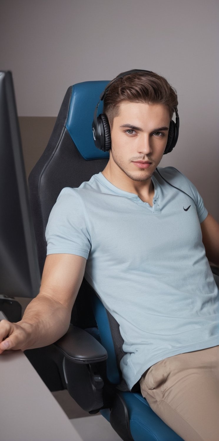 Imagine the following scene. A handsome man sitting in a computer chair, a gamer chair.

The man is beautiful, Arab, 20 years old, very muscular, very masculine. Very light blue eyes, big and bright eyes, full and sensual lips, long eyelashes, light brown hair, short hair.

The man is sitting in a computer gamer's chair, a very wide and comfortable chair, in front of him he has a computer. One of his hands is on the computer mouse.

Wear casual and sports clothing. He has computer headphones over his ears.

The image is taken from afar, you can see the man in the center of the image and the details of the scene.