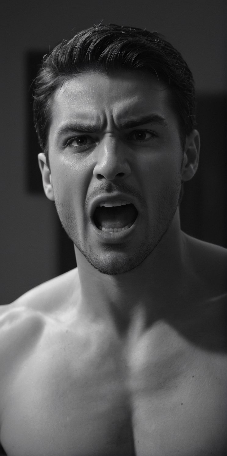 Creates a hyper-realistic image of a beautiful man in a dark room, the man screams, shouting in anger, the mood is furious, lost in a harsh, black and white photograph, with a high level of detail and sharp focus. Extremely realistic, still photo from the movie, elegant, Latin man, young, handsome.