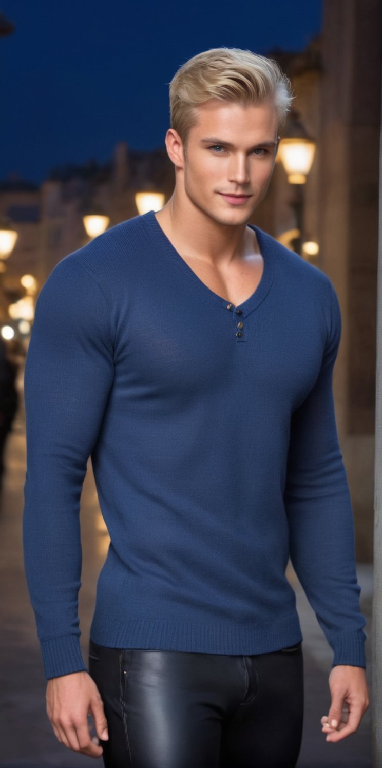 Imagine the following scene: a beautiful man walking through a square. At the back of the square many people walk around a large fountain. It's a dark night, only the moon and stars in the sky.

The man is blonde, 28 years old, from Slovakia. muscular, he wears a thick gray wool sweater, the sweater is button-down with a "v" neck. The open sweater showing his shapely and muscular chest. He wears short black lycra pants, tight to his muscular legs, and black boots. Smile, blue eyes, short hair, straight hair. Dynamic pose.

 perfect hands (detailed face, detailed skin texture), (photorealistic), masterpiece: 1.5, beautiful lighting, best quality, beautiful lighting, realistic and natural image, intricate details, everything in focus, perfect focus, photography, masterpiece, small nuances, Supreme resolution, 32K, ultra-sharp quality and details. Superior, realistic and complex, perfect proportions, perfect hands, perfect feet. (extremely detailed skin texture and pores)