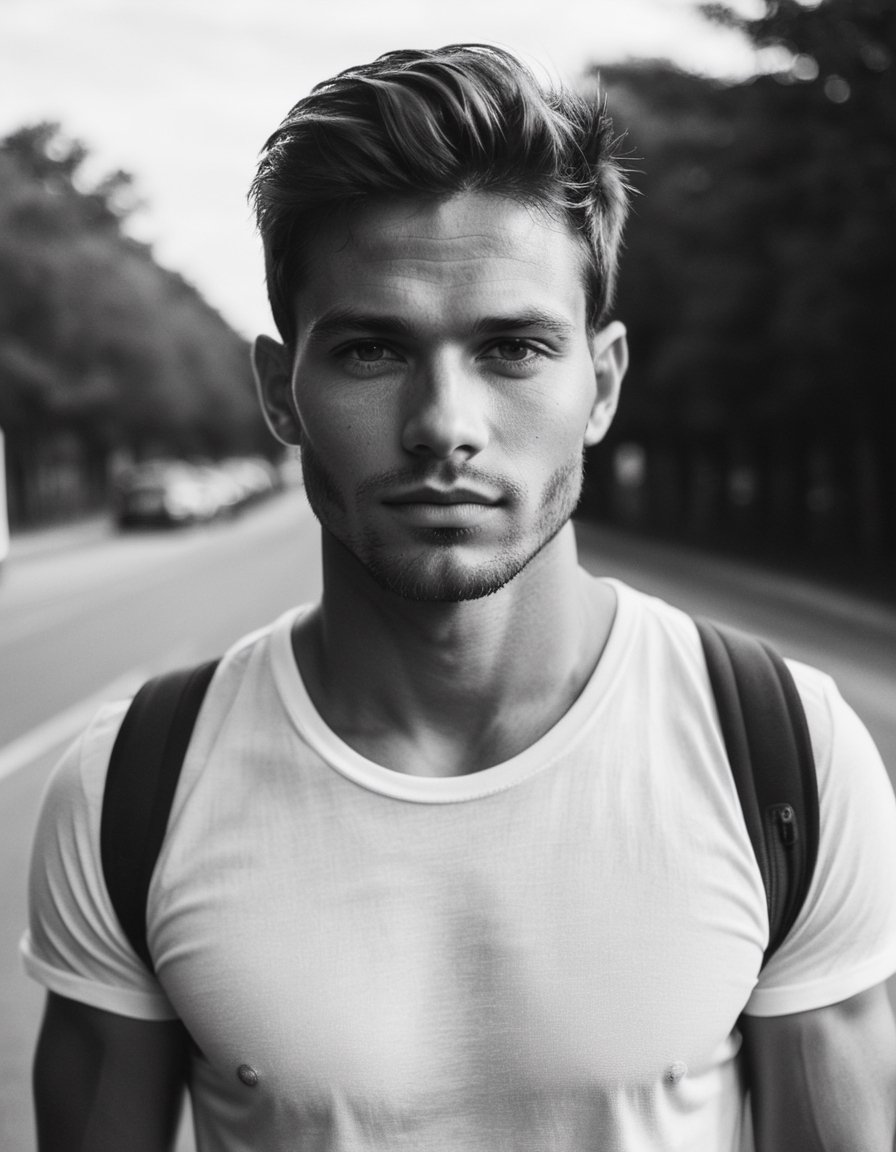 b&w, instagram photo, portrait photo of man, 28 y.o, perfect face, natural skin, film grain