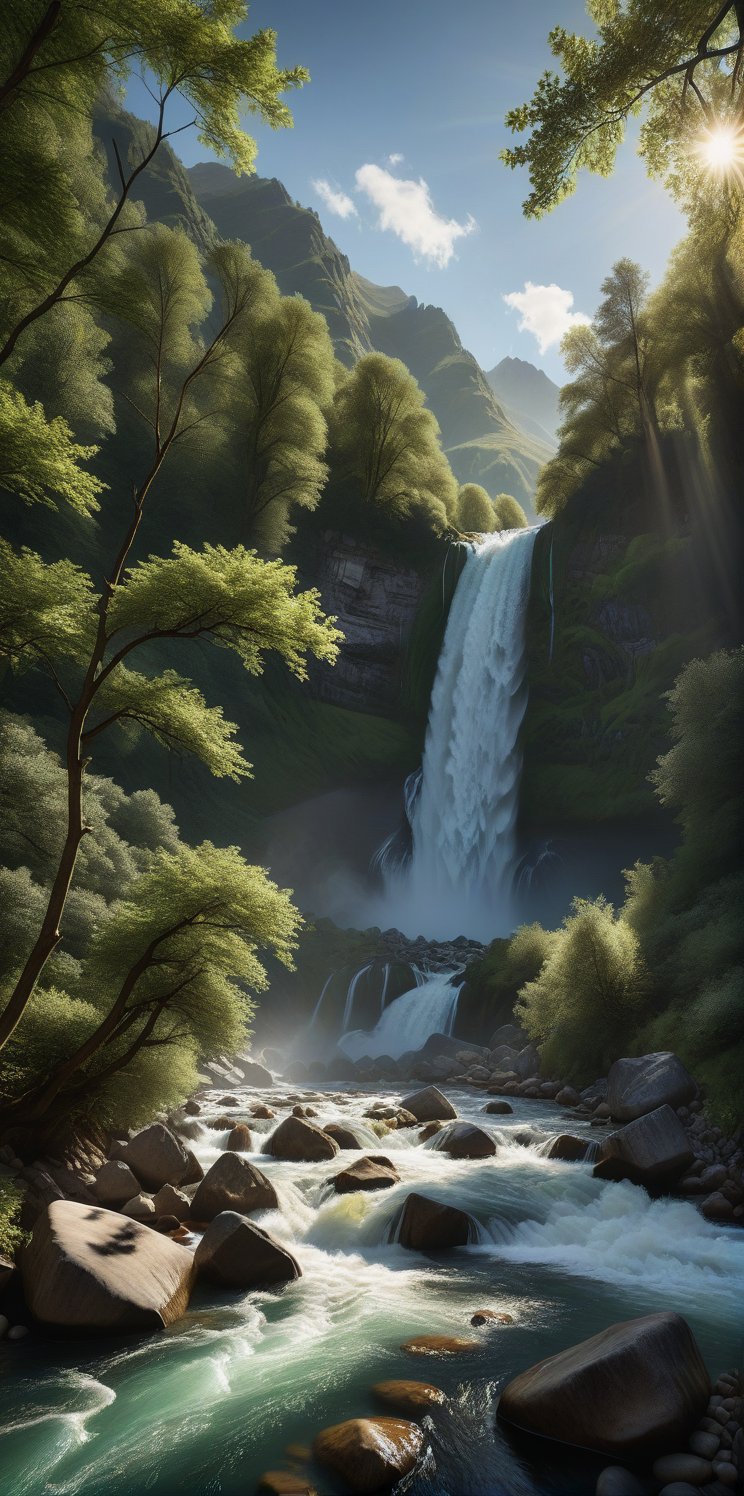  Imagine the following scene: A hyperrealistic photograph of a beautiful river in a mountain. The river is wide and turbulent, very imposing and untamable. It's daytime, the light filters through the branches of the trees next to the river. At the end a large waterfall can be seen, where the river originates. (photorealistic), masterpiece: 1.5, beautiful lighting, best quality, beautiful lighting, realistic and natural image, intricate details, everything in focus, perfect focus, photography, masterpiece, small nuances, Supreme resolution, 32K, ultra-sharp quality and details. Superior, realistic and complex