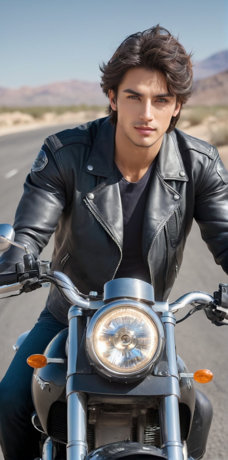 Imagine the following scene:

Photograph of a handsome man riding a motorcycle. Full body shot. Front shot.

Ride a motorcycle on a road in the middle of the desert. It is day. The motorcycle is a racing, futuristic and beautiful motorcycle.

The man is wearing a black leather jacket. Jean. Black knee-high boots.

The man is from Chile. 30 years old, short hair. very light and bright eyes, big eyes, long eyelashes, blush. athletic body.

Driving a motorcycle, the hair moves due to speed, moving image. Smile 

(photorealistic), masterpiece: 1.5, beautiful lighting, best quality, beautiful lighting, realistic and natural image, intricate details, all in sharp focus, perfect focus, photography, masterpiece, meticulous nuances, supreme resolution, 32K, ultra-sharp, Superior quality, realistic and complex details, perfect proportions, perfect hands, perfect feet.