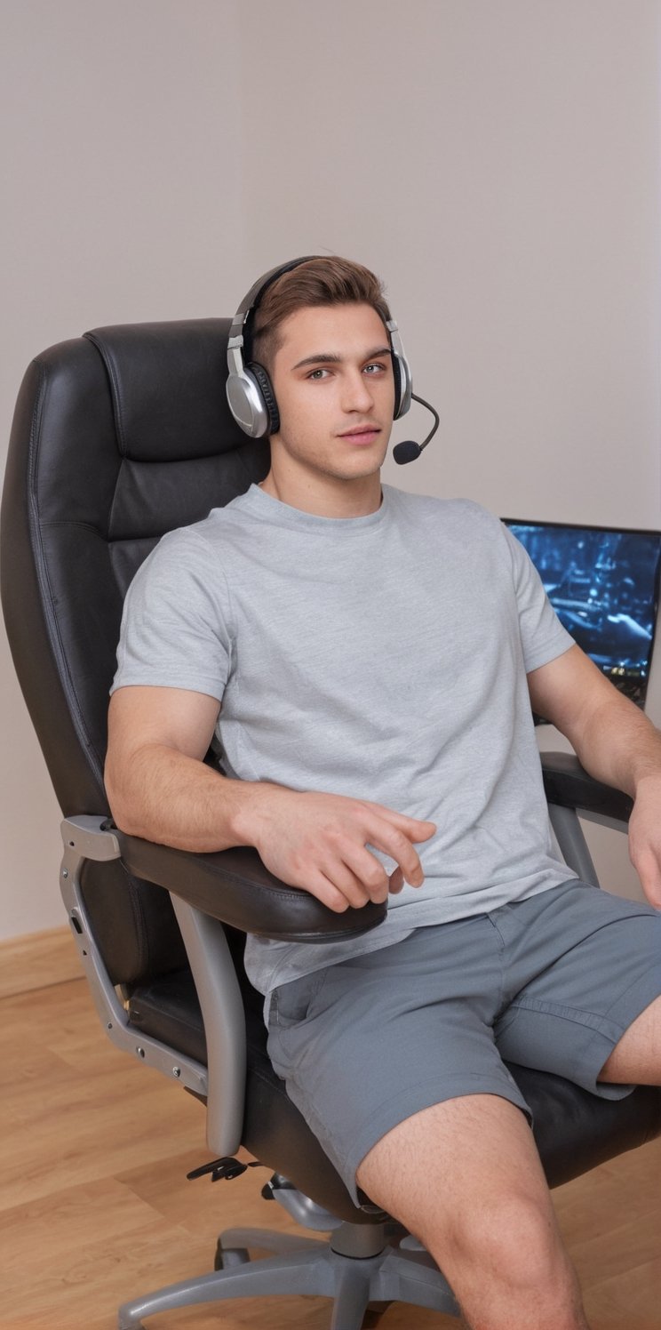 Imagine the following scene. A handsome man sitting in a computer chair, a gamer chair.

The man is beautiful, Arab, 20 years old, very muscular, very masculine. Very light blue eyes, big and bright eyes, full and sensual lips, long eyelashes, light brown hair, short hair.

The man is sitting in a computer gamer's chair, a very wide and comfortable chair, in front of him he has a computer. One of his hands is on the computer mouse.

Wear casual and sports clothing. He has computer headphones over his ears.

The image is taken from afar, you can see the man in the center of the image and the details of the scene.