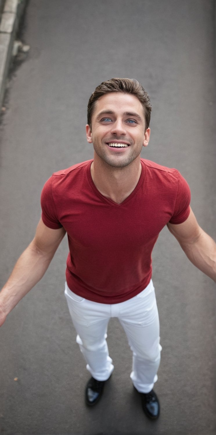 Imagine the following scene.

A very urban street, at night. A handsome man stands with his arms extended upward. The shot is from above. Top shot.

The man looks up, looks at the camera. Arms outstretched trying to reach the camera. With mischief on his face

(((Wearing a white pants, wearing a red shirt, black shoes))). You have a happy expression, a discreet smile. Blushing.

The man is from Costa Rica. Very large and bright blue eyes. Clear eyes. Long eyelashes, full and red lips. Muscular.

The image represents the gratitude of man, who looks to the sky in gratitude.

take care of the proportions. Very real.

The shot is wide to notice the details of the scene.