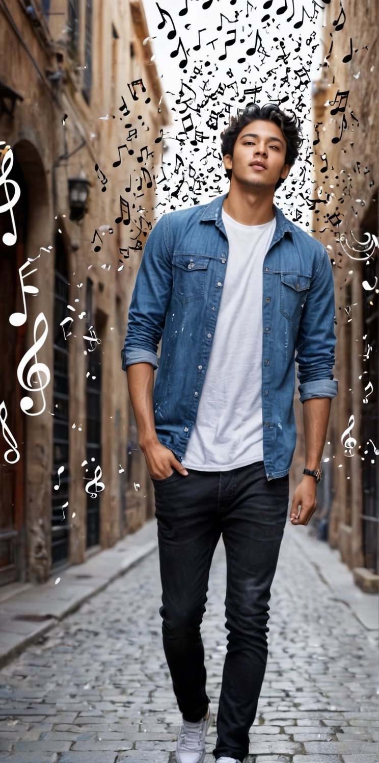 
Imagine the following scene:

Surreal photography, on a background of musical notes, many musical notes flying in the air. Many pentagrams.

In the middle of the image a beautiful, young, Latino man wearing casual clothing.

Full body shot. The shot is wide to capture the details of the scene.

high realism aesthetic photo, RAW photo, 16K, real photo, best quality, high resolution, masterpiece, HD, perfect proportions, perfect hands