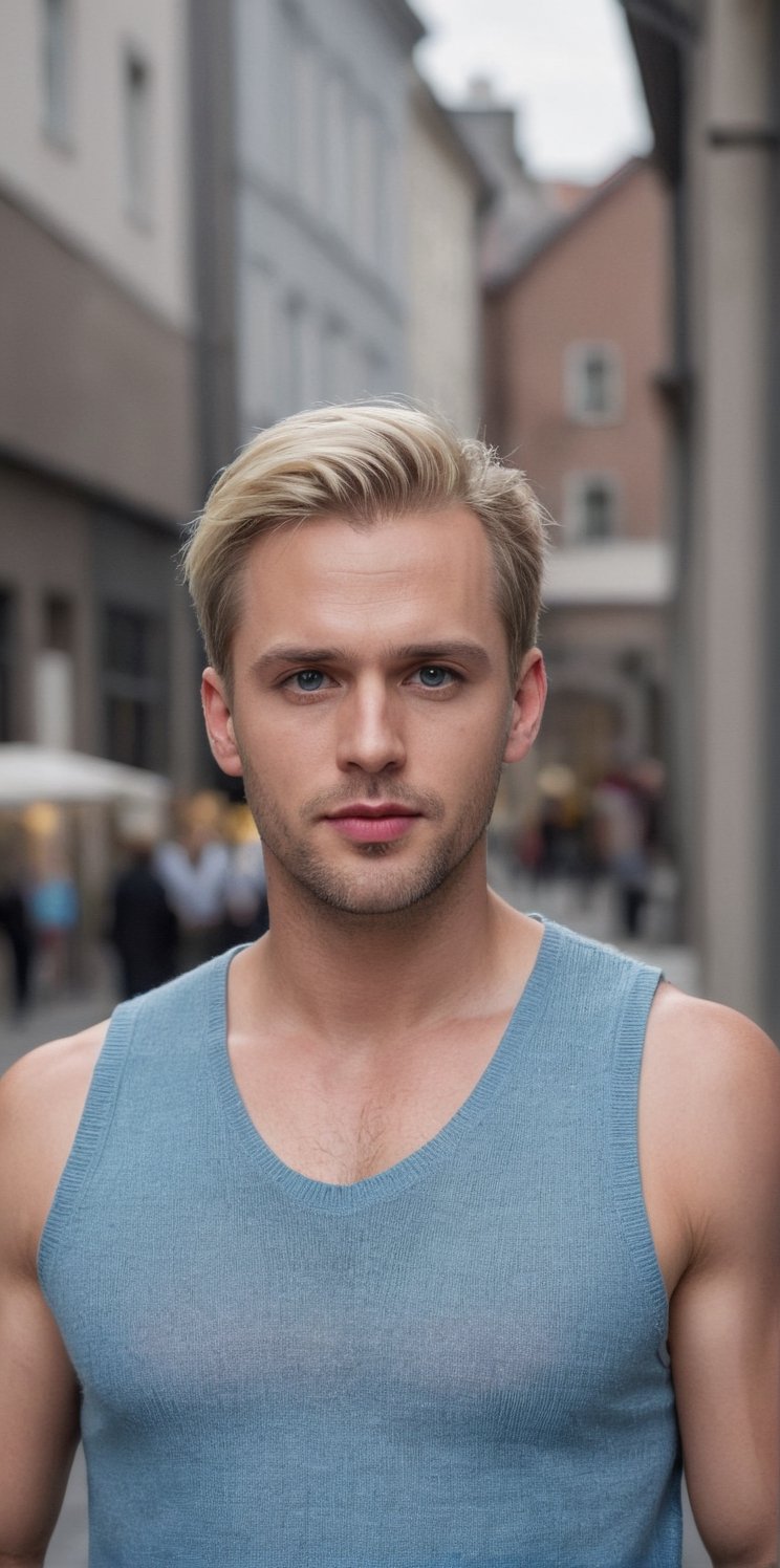 Imagine the following scene.

On a street in the day. A busy street. A handsome man walks with a calm expression.

Wearing very fashionable clothes, very fashionable. (Wearing a A sleeveless knitted flannel)

The man is Swedish. 30yo. Full, red lips, long eyelashes. Short hair. Having a glass of wine. Blonde hair, very light blue eyes, bright and big eyes, muscular.

Wide shot to see the details of the scene.