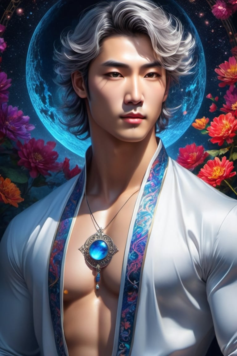 best quality, 4k, 8k, highres, masterpiece:1.2, ultra-detailed, realistic,photorealistic:1.37, (1 beautiful corean man god), 1 corean man, 30yo, (male:1.5), very muscular, ABS, topless, voluptuous pectoral, short colorful hair, wearing sexy thong, dynamic pose, frost on the body, shiny and frosty body, beautiful detailed eyes, beautiful detailed lips, extremely detailed eyes and face, long eyelashes, traditional painting, serene, harmonious black and white, colorful motifs, mystical aura, divine radiance, ethereal beauty, gentle and graceful, peaceful demeanor, flowing robes, serpent staff, lunar symbols, yin yang symbol, delicate brushwork, dramatic lighting, sacred geometry, symbolic motifs, twisted vines and flowers, moonlit garden, tranquil atmosphere,supreme energy
The style of the artwork is a fusion of traditional and contemporary, with elements of realism and abstraction. It showcases the beauty and complexity of the human form, while also capturing the raw and untamed energy of creativity. The color palette is diverse, ranging from warm and earthy tones to cool and vibrant hues. The composition is carefully balanced, with the man as the central focus, surrounded by the mesmerizing chaos of the background.