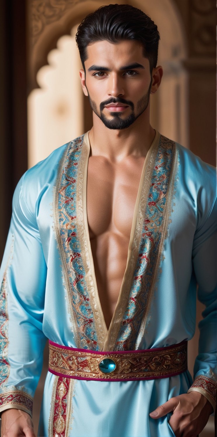 26years old beautiful hispanic man wearing a luxurious Middle Eastern thobe, muscular, bodybuilder, big body, dark black hair, topless, showing chest, Depth and Dimension in the Pupils, So beautiful ligth blue eyes, (short beard:1.5), chest hair, showing chest, Envision the thobe with intricate details, featuring opulent embroidery, rich fabrics, and elaborate patterns, Picture the boy adorned in a palette of vibrant colors, reflecting the elegance and craftsmanship of traditional Middle Eastern attire. Optimize for a visually captivating composition that highlights the exquisite design of the thobe, creating a scene that celebrates the beauty of cultural richness,