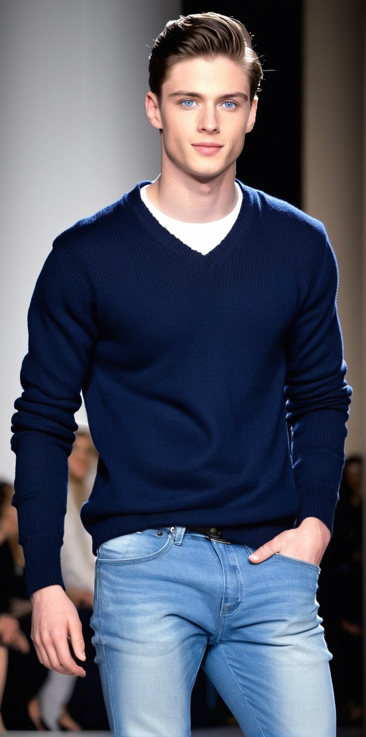 Hyperrealistic photograph of a beautiful, young man. Latino man, pale skin, very clear and bright light blue eyes. 22yo, side parted hair, dark black hair, shaved on the side, locks of hair on face. Average body.

He wearing a jeans and a navy blue sweater. (The Sweater is open showing his chest and abs).

The young man is models. He's modeling, walking down a fashion runway. He has a model pose. Smile at the camera. sexy, hot, masculine.

Set the scene on a French fashion runway. There are many people on the sides watching the fashion show. Many flash cameras photographing the model

(The shot is far away). The shot is wide to notice the details of the fashion catwalk and in the center the full-length men.