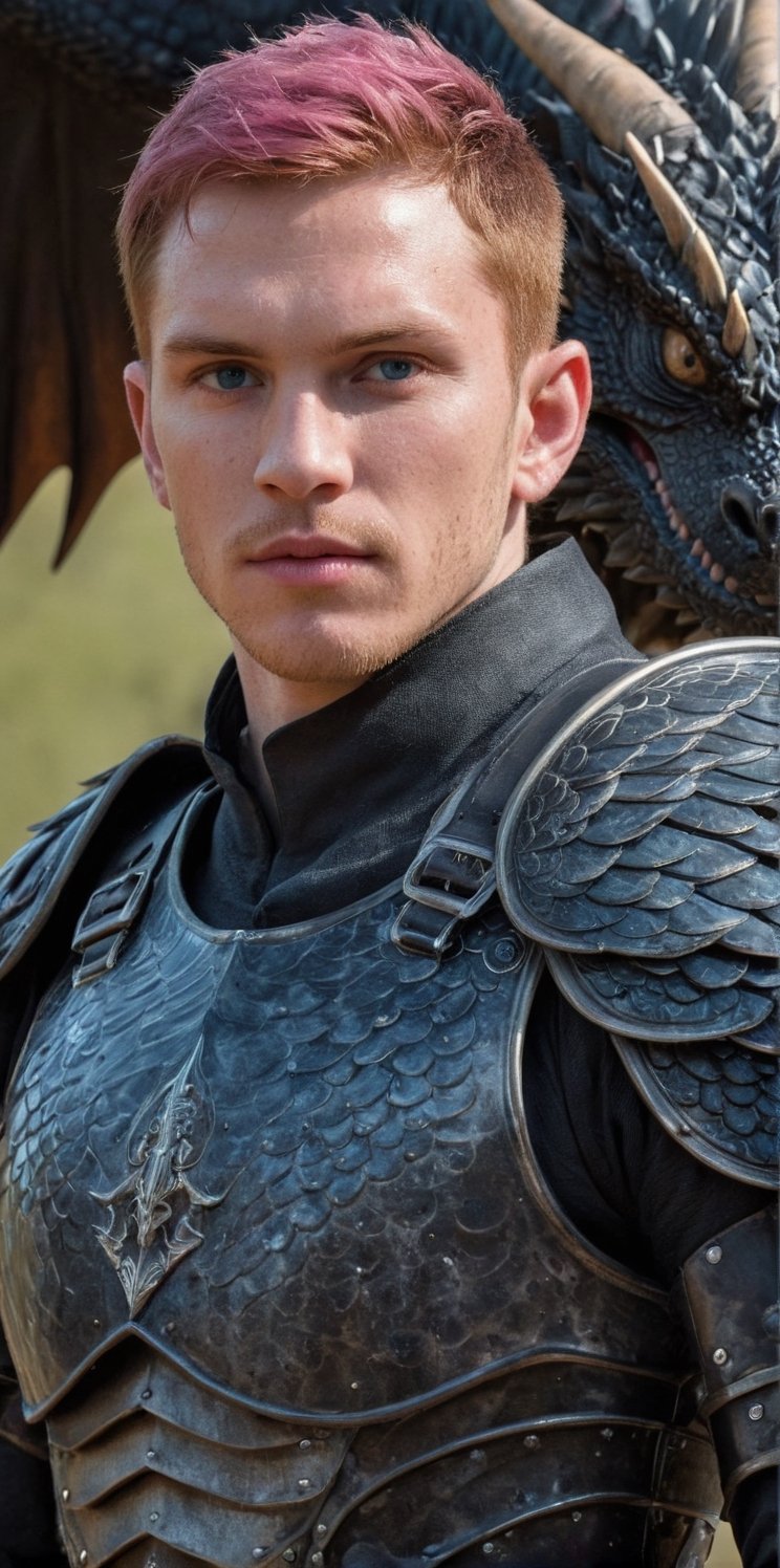 Imagine the following surreal scene:

A large black dragon flies, it is long with large wings.

In the center of the image in front of the dragon, a beautiful Latin man in armor, 25yo, muscular, very light and bright blue eyes, straight ginger hair, short hair, long eyelashes, sensual lips and pink. Male. very freckled

(((wearing a armor))).

The lighting is natural. Highlighting the man and the details of the scene. The focus on the dragon