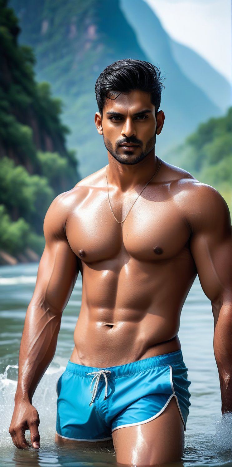 
Imagine the following scene:

Hyperrealistic photograph of a beautiful man. Full body shot. 

He is standing in the middle of a great river, a very mighty river. Between mountains.

He bathes in the river. Wet body.

She wears a colorful swimsuit, a bikini-type swimsuit, a large crotch, a large and voluptuous crotch, thick and muscular legs. 

Enjoy your bath.

The man is from India. 30yo. straight hair up to the neck. Very black hair. Light blue eyes. Muscular.

dynamic pose

perfect hands (detailed face, detailed skin texture), (photorealistic), masterpiece: 1.5, beautiful lighting, best quality, beautiful lighting, realistic and natural image, intricate details, everything in focus, perfect focus, photography, masterpiece, small nuances, Supreme resolution, 32K, ultra-sharp quality and details. Superior, realistic and complex, perfect proportions, perfect hands, perfect feet. (extremely detailed skin texture and pores)