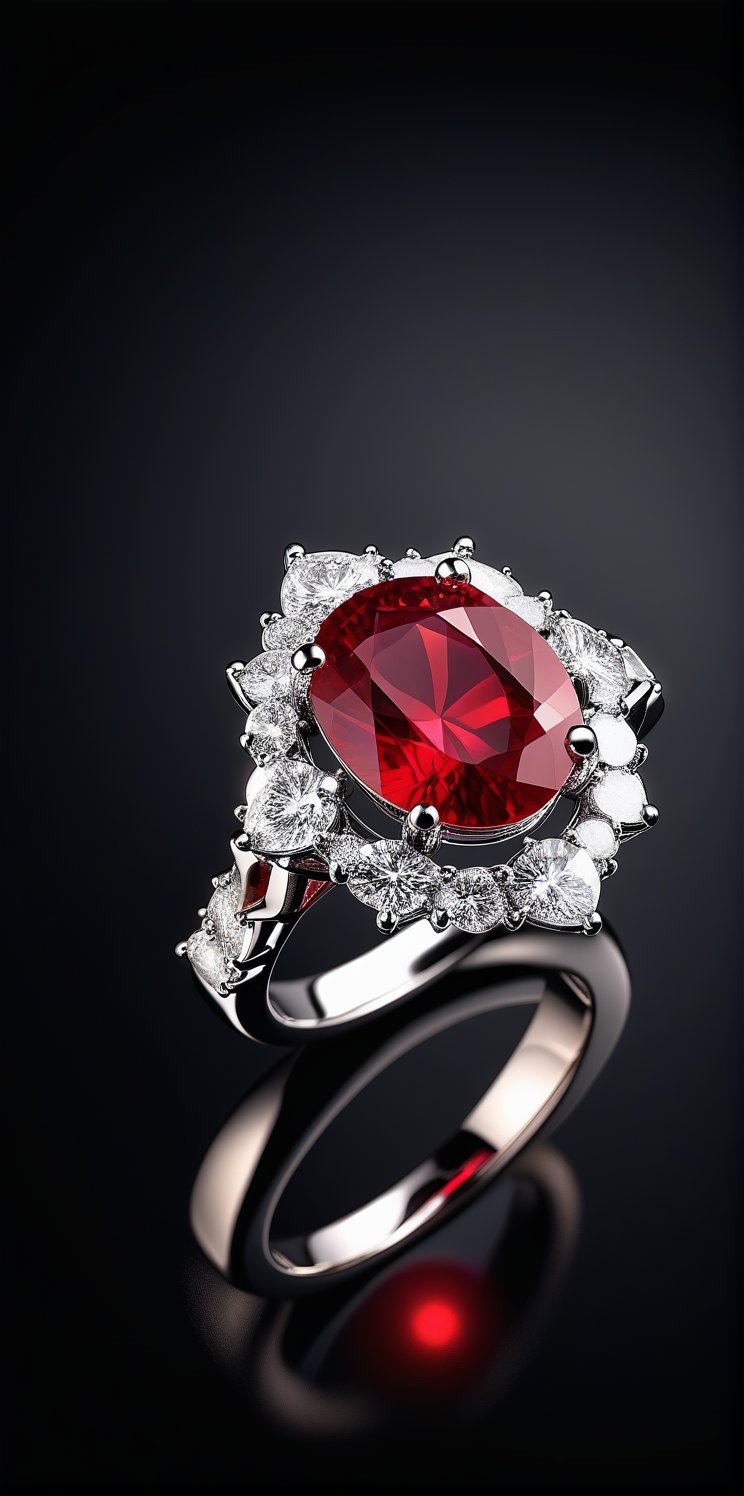 Imagine the following scene:

on a black background. Floating a beautiful silver ring. The ring in the center with a large ruby, the ruby ​​of an intense, brilliant red. It has many details that adorn and embellish the ring.
A backlight illuminates only the ring.

(photorealistic), masterpiece: 1.5, beautiful lighting, best quality, beautiful lighting, realistic and natural image, intricate details, everything in focus, perfect focus, photography, masterpiece, small nuances, Supreme Resolution, 32K, ultra-sharp quality and details.