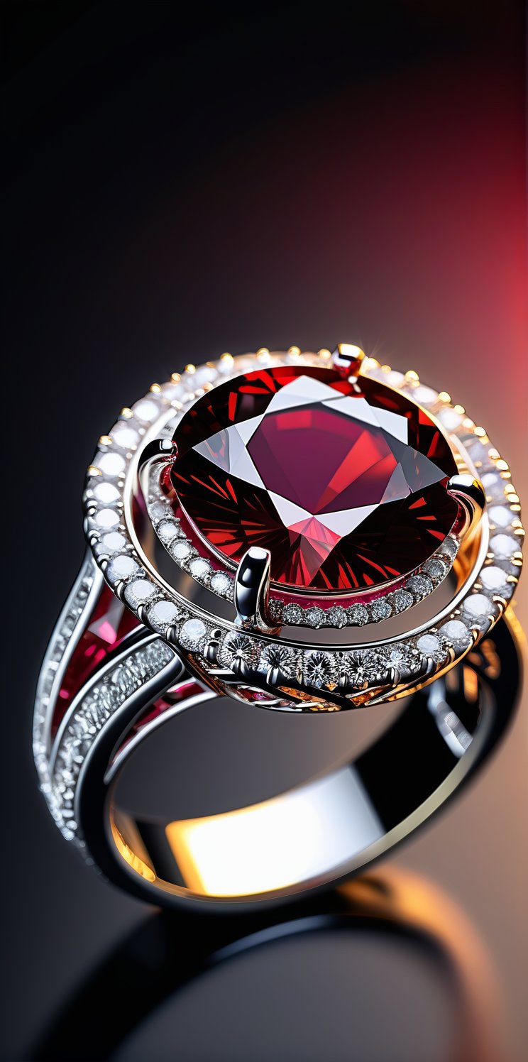 Imagine the following scene:

on a black background. Floating a beautiful silver ring. The ring in the center with a large ruby, the ruby ​​of an intense, brilliant red. It has many details that adorn and embellish the ring.
A backlight illuminates only the ring.

(photorealistic), masterpiece: 1.5, beautiful lighting, best quality, beautiful lighting, realistic and natural image, intricate details, everything in focus, perfect focus, photography, masterpiece, small nuances, Supreme Resolution, 32K, ultra-sharp quality and details.