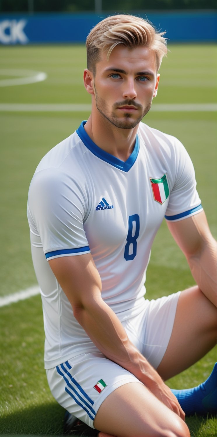 (photorealistic), masterpiece:1.5, beautiful lighting, best quality, beautiful lighting, realistic, real image, intricate details, 

portrait of a handsome a 1 italian male, tight white brief, one handsome guy, italian man, ligth blue eyes, pale skin, blonde, nipples, bulge, 25yo, football Socks, crotch bulge, outdoor, (((sitting on the grass with legs apart))), hairy legs, hands on head, Bulge, Crotch, detailed bulge, Slim, Thick thighs, Wet brief, genital contours.

wearing a white soccer uniform, text, Set the scene on a soccer field, very green grass.

The man's t-shirt has the text: "8K", the text is centered on the t-shirt.

(((Make sure the text '8K' appears prominently in a stylish font on your t-shirt))). Aim for perfection in every detail, Text, running, the background is a park full of trees, wearing a sports shorts