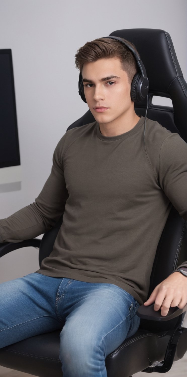 Imagine the following scene. A handsome man sitting in a computer chair, a gamer chair.

The man is beautiful, young latin, 18 years old, very muscular, very masculine. Very light blue eyes, big and bright eyes, full and sensual lips, long eyelashes, light brown hair, short hair.

The man is sitting in a computer gamer's chair, a very wide and comfortable chair, in front of him he has a computer. One of his hands is on the computer mouse.

Wear casual and sports clothing. He has computer headphones over his ears.

The image is taken from afar, you can see the man in the center of the image and the details of the scene.