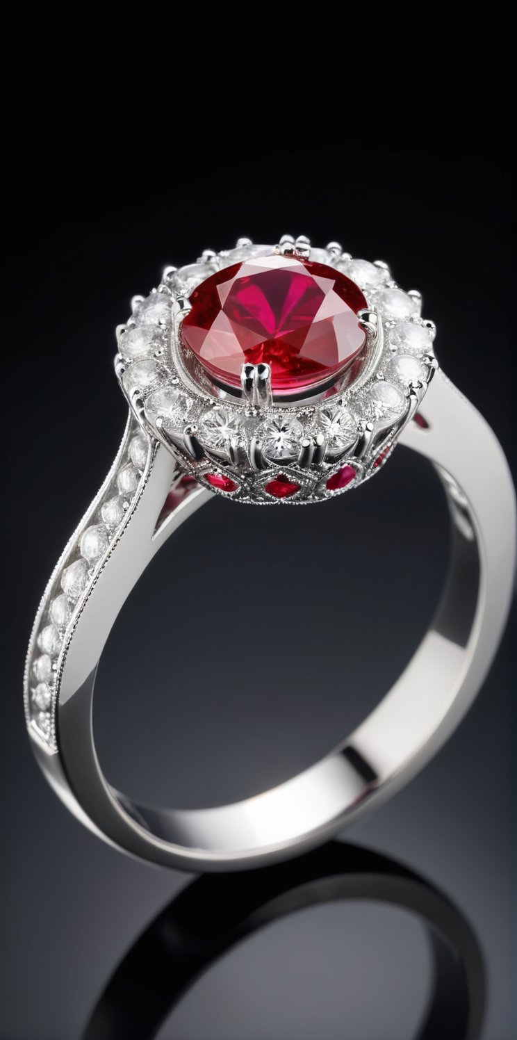 Imagine the following scene:

on a black background. Floating a beautiful silver ring. The ring in the center with a large ruby, the ruby ​​of an intense, brilliant red. It has many details that adorn and embellish the ring.
A backlight illuminates only the ring.

(photorealistic), masterpiece: 1.5, beautiful lighting, best quality, beautiful lighting, realistic and natural image, intricate details, everything in focus, perfect focus, photography, masterpiece, small nuances, Supreme Resolution, 32K, ultra-sharp quality and details.