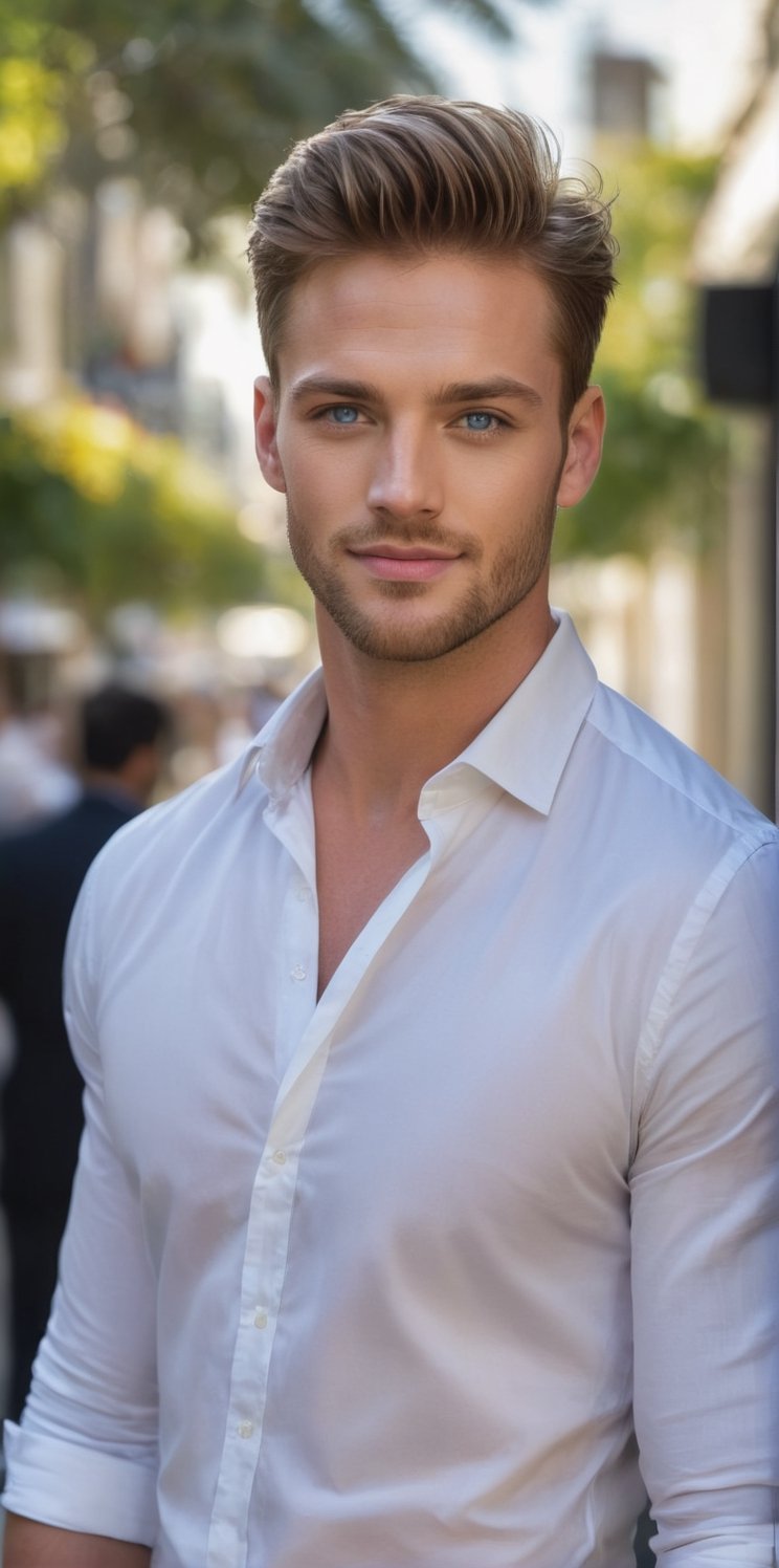 Imagine the following scene:

Walking down an outdoor street, in broad daylight, a beautiful man.

The man is from New Zealand, 30yo, very light and bright blue eyes, big eyes, full and red lips, blush, long eyelashes, with golden highlights, short, gelled hair, muscular.

Wearing a black pants with white lines, wearing a white shirt with black lines, boots and black dresses.

He walks with confidence, he is a professional model, looking at the camera, he smiles.

The shot is wide to capture the details of the scene, full body shot. best quality, 8K, high resolution, masterpiece, HD, perfect proportions, perfect hands.