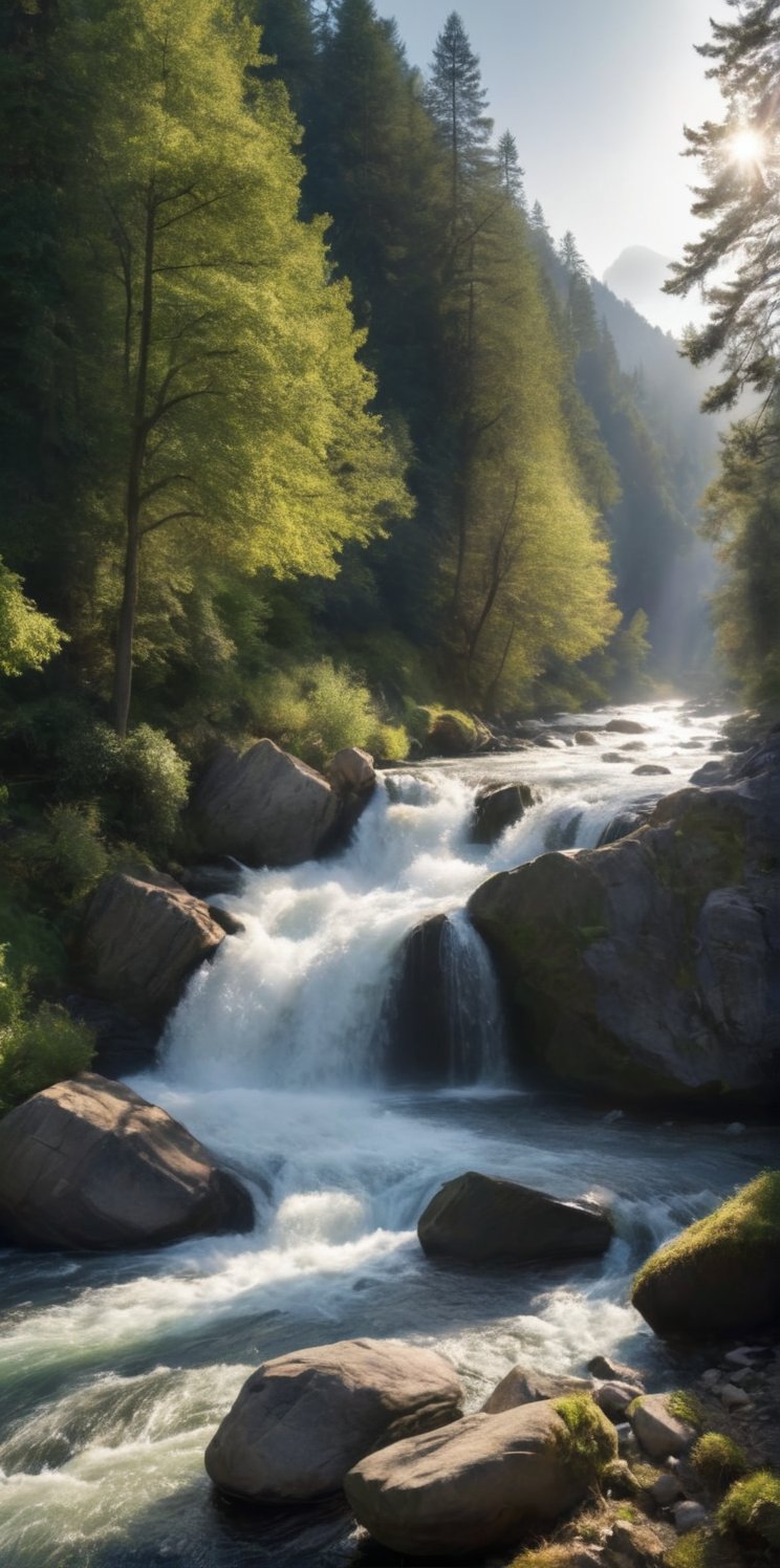 Imagine the following scene:

A hyperrealistic photograph of a beautiful river in a mountain. The river is wide and turbulent, very imposing and untamable. It's daytime, the light filters through the branches of the trees next to the river. At the end a large waterfall can be seen, where the river originates.

(photorealistic), masterpiece: 1.5, beautiful lighting, best quality, beautiful lighting, realistic and natural image, intricate details, everything in focus, perfect focus, photography, masterpiece, small nuances, Supreme resolution, 32K, ultra-sharp quality and details. Superior, realistic and complex