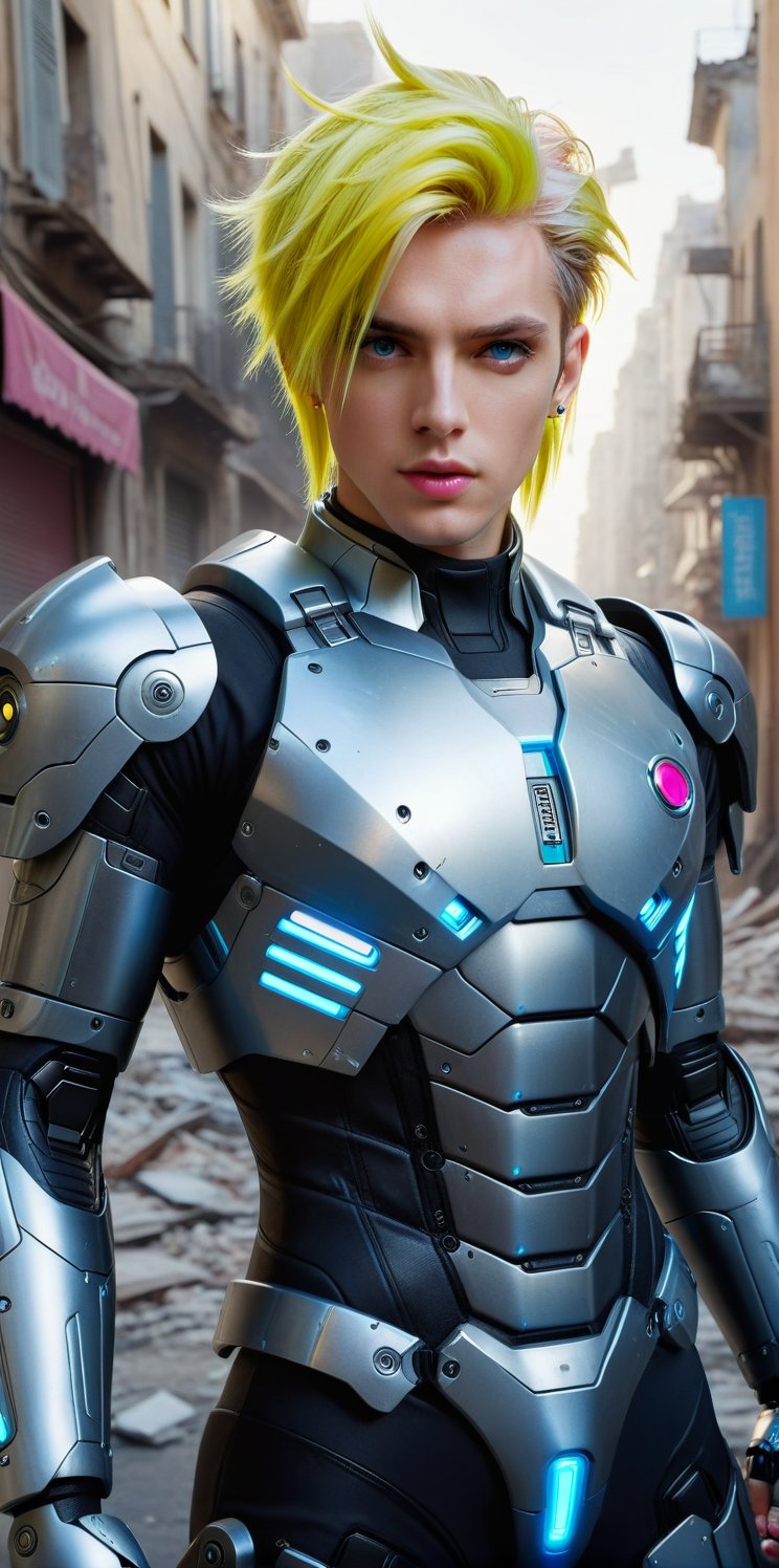 Imagine the following scene:

Hyperrealistic photograph of a beautiful man. Zoom out to capture the details of the scene.

A city in ruins, a city in chaos. In the center a beautiful man wearing a robot suit. In his hand a laser gun. All very futuristic.

The man is from France, pale skin, light blue eyes, big and bright eyes. neon yellow hair, gelled and short hair. punk hair full and pink lips. Round face.

Combat pose, dynamic pose.

 perfect hands (detailed face, detailed skin texture), (photorealistic), masterpiece: 1.5, beautiful lighting, best quality, beautiful lighting, realistic and natural image, intricate details, everything in focus, perfect focus, photography, masterpiece, small nuances, Supreme resolution, 32K, ultra-sharp quality and details. Superior, realistic and complex, perfect proportions, perfect hands, perfect feet. (extremely detailed skin texture and pores)Imagine the following scene:

Hyperrealistic photograph of a beautiful man. Zoom out to capture the details of the scene.

A city in ruins, a city in chaos. In the center a beautiful man wearing a robot suit. In his hand a laser gun. All very futuristic.

The man is from France, pale skin, light blue eyes, big and bright eyes. neon yellow hair, gelled and short hair. punk hair full and pink lips. Round face.

Combat pose, dynamic pose.

 perfect hands (detailed face, detailed skin texture), (photorealistic), masterpiece: 1.5, beautiful lighting, best quality, beautiful lighting, realistic and natural image, intricate details, everything in focus, perfect focus, photography, masterpiece, small nuances, Supreme resolution, 32K, ultra-sharp quality and details. Superior, realistic and complex, perfect proportions, perfect hands, perfect feet. (extremely detailed skin texture and pores)