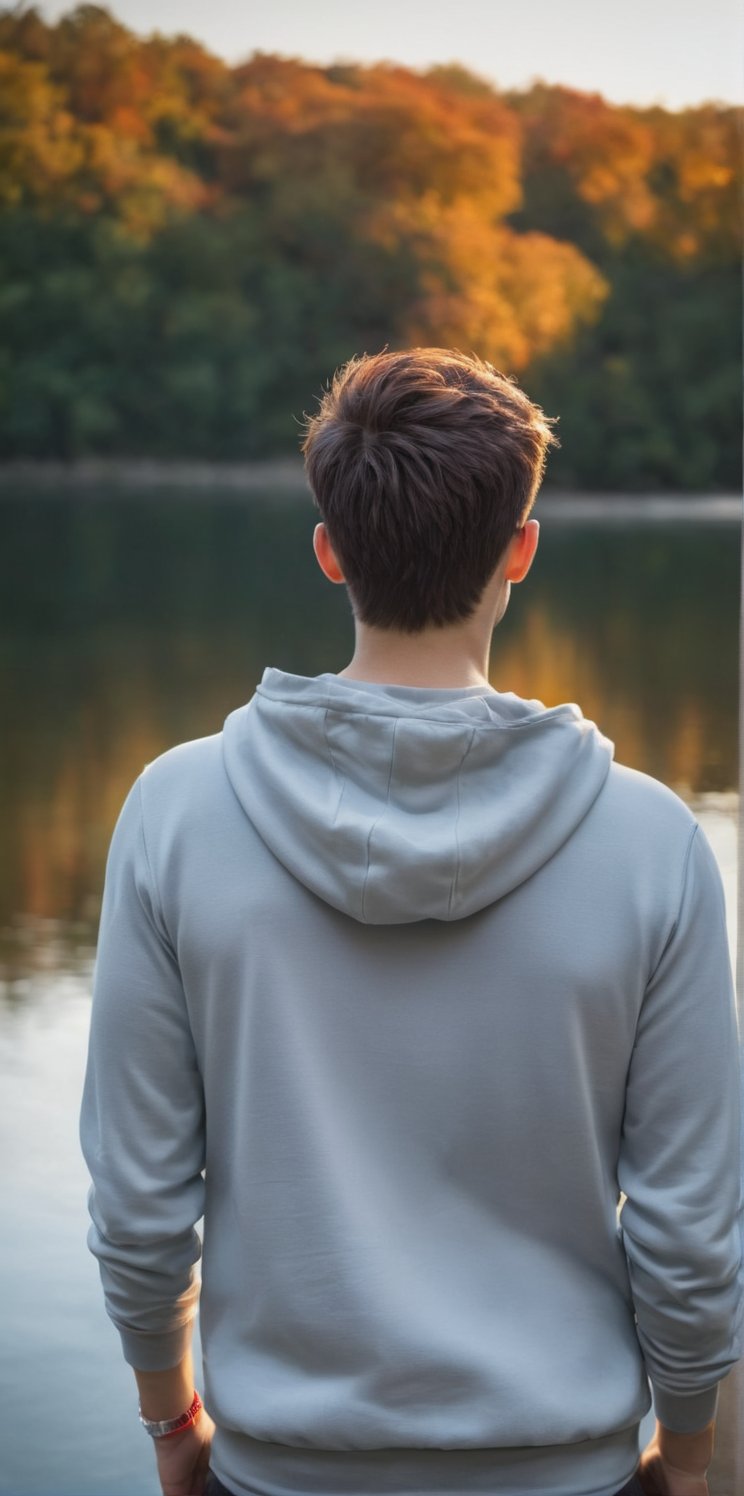 Imagine the following scene:

Photograph of a beautiful sunset on a lake. The colors in the sky orange and red. The lake reflects the beauty of the sunset.

Standing with his back turned, a man contemplates the lake.

Visiting jean and hoodie. Sports shoes.

The man is from Salvador, 20 years old, medium body, short hair. 

Back to camera. Serene pose, with hands in pockets.

(photorealistic), masterpiece: 1.5, beautiful lighting, best quality, beautiful lighting, realistic and natural image, intricate details, all in sharp focus, perfect focus, photography, masterpiece, meticulous nuances, supreme resolution, 32K, ultra-sharp, Superior Quality, realistic and complex details, perfect proportions, perfect hands, perfect feet.