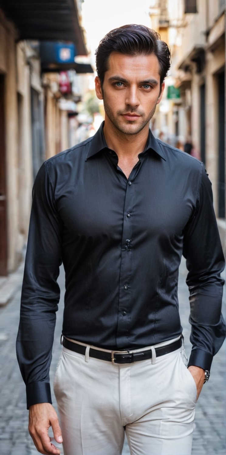 Imagine the following scene.

On a busy street a beautiful man walks with confidence and security. Serious

The man is from Brazil. 30 years. Very light and bright blue eyes, big eyes, full and red lips, long eyelashes. man, blush. Black hair. average body.

The man is a professional model. 

((Wearing a tight black silk shirt. The shirt is transparent, allowing you to see your silhouette. White dress pants. Black shoes)).

The shot is wide to capture the details of the scene. Full body shot. best quality, 8K, high resolution, masterpiece, HD, perfect proportions, perfect hands.