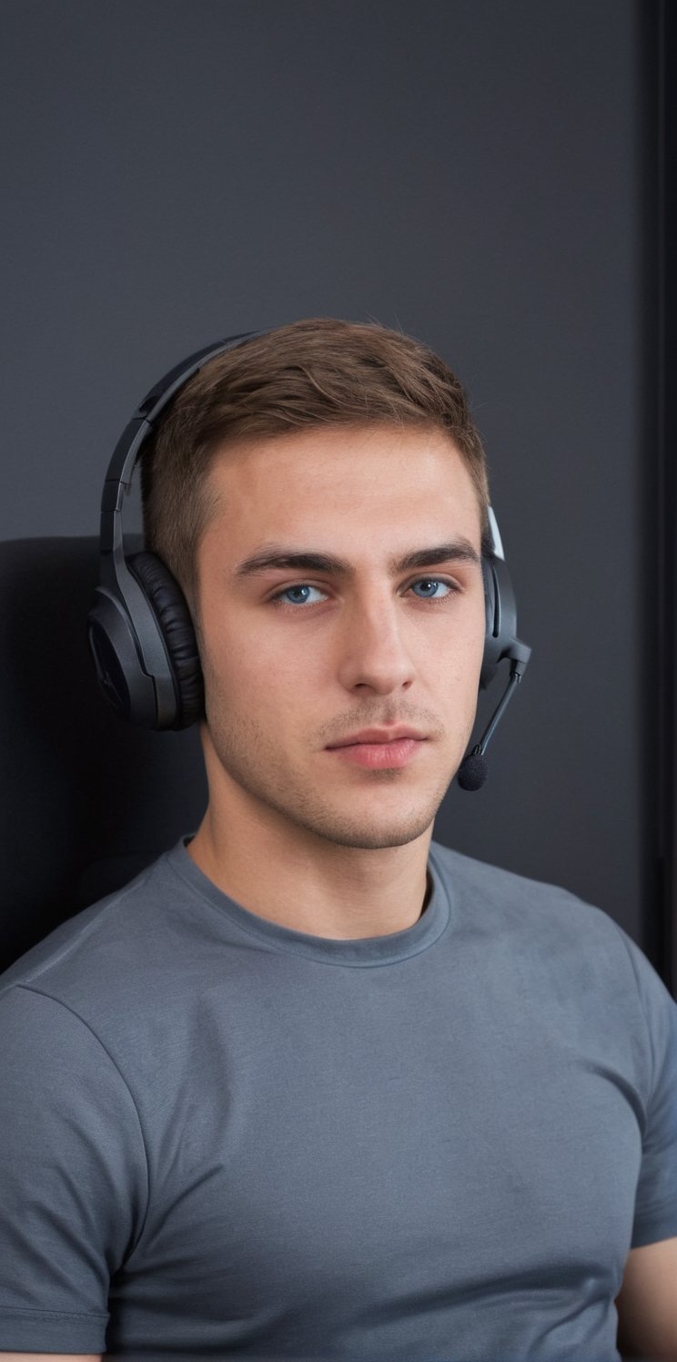 Imagine the following scene. A handsome man sitting in a computer chair, a gamer chair.

The man is beautiful, Arab, 20 years old, very muscular, very masculine. Very light blue eyes, big and bright eyes, full and sensual lips, long eyelashes, light brown hair, short hair.

The man is sitting in a computer gamer's chair, a very wide and comfortable chair, in front of him he has a computer. One of his hands is on the computer mouse.

Wear casual and sports clothing. He has computer headphones over his ears.

The image is taken from afar, you can see the man in the center of the image and the details of the scene.