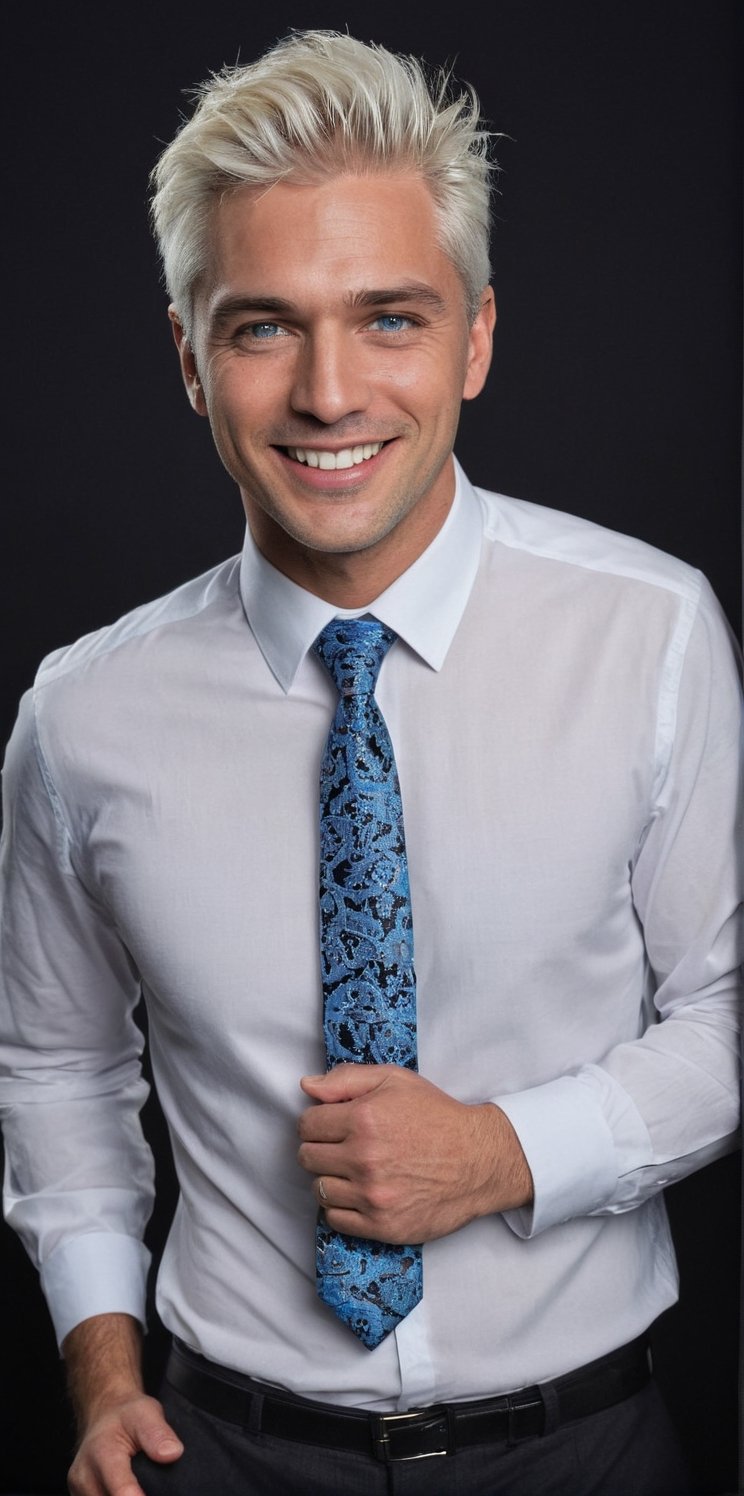 
Imagine the following scene.

A half-length photograph of a handsome man, who smiles at the camera.

The man wears a white shirt embroidered with many laces, with many embroidery details. The shirt fitted to the body and very transparent. Black boots. Colorful tie, very modern and fashionable blue gradient.

The man is Canadian, very bright and large blue eyes. Full red lips, long eyelashes, masculine, alpha male. With a toned body, thick legs. White hair.

The man faces the camera, looks mischievously and smiles.

Black background