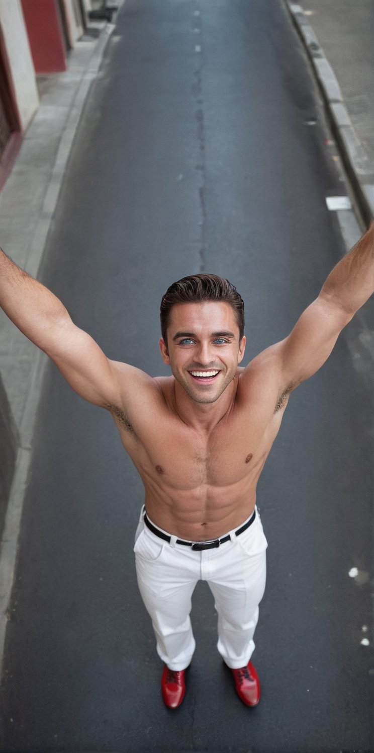 Imagine the following scene.

A very urban street, at night. A handsome man stands with his arms extended upward. The shot is from above. Top shot.

The man looks up, looks at the camera. Arms outstretched trying to reach the camera. With mischief on his face

The man wears white pants, a red shirt, and black shoes. You have a happy expression, a discreet smile. Blushing.

The man is from Costa Rica. Very large and bright blue eyes. Clear eyes. Long eyelashes, full and red lips. Muscular.

The image represents the gratitude of man, who looks to the sky in gratitude.

take care of the proportions. Very real.

The shot is wide to notice the details of the scene.