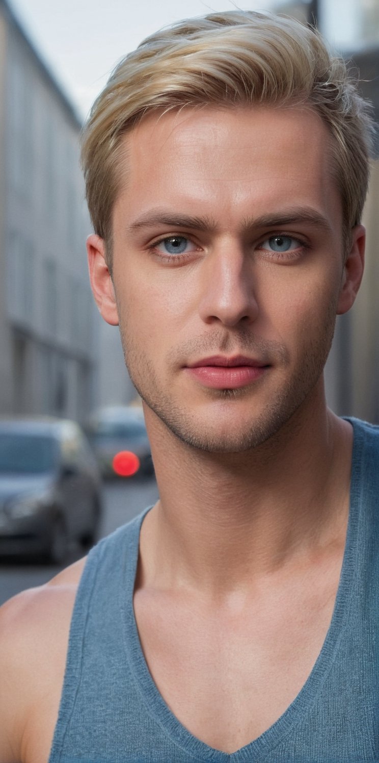 Imagine the following scene.

On a street in the day. A busy street. A handsome man walks with a calm expression.

Wearing very fashionable clothes, very fashionable. (Wearing a A sleeveless knitted flannel)

The man is Swedish. 30yo. Full, red lips, long eyelashes. Short hair. Having a glass of wine. Blonde hair, very light blue eyes, bright and big eyes, muscular.

Wide shot to see the details of the scene.