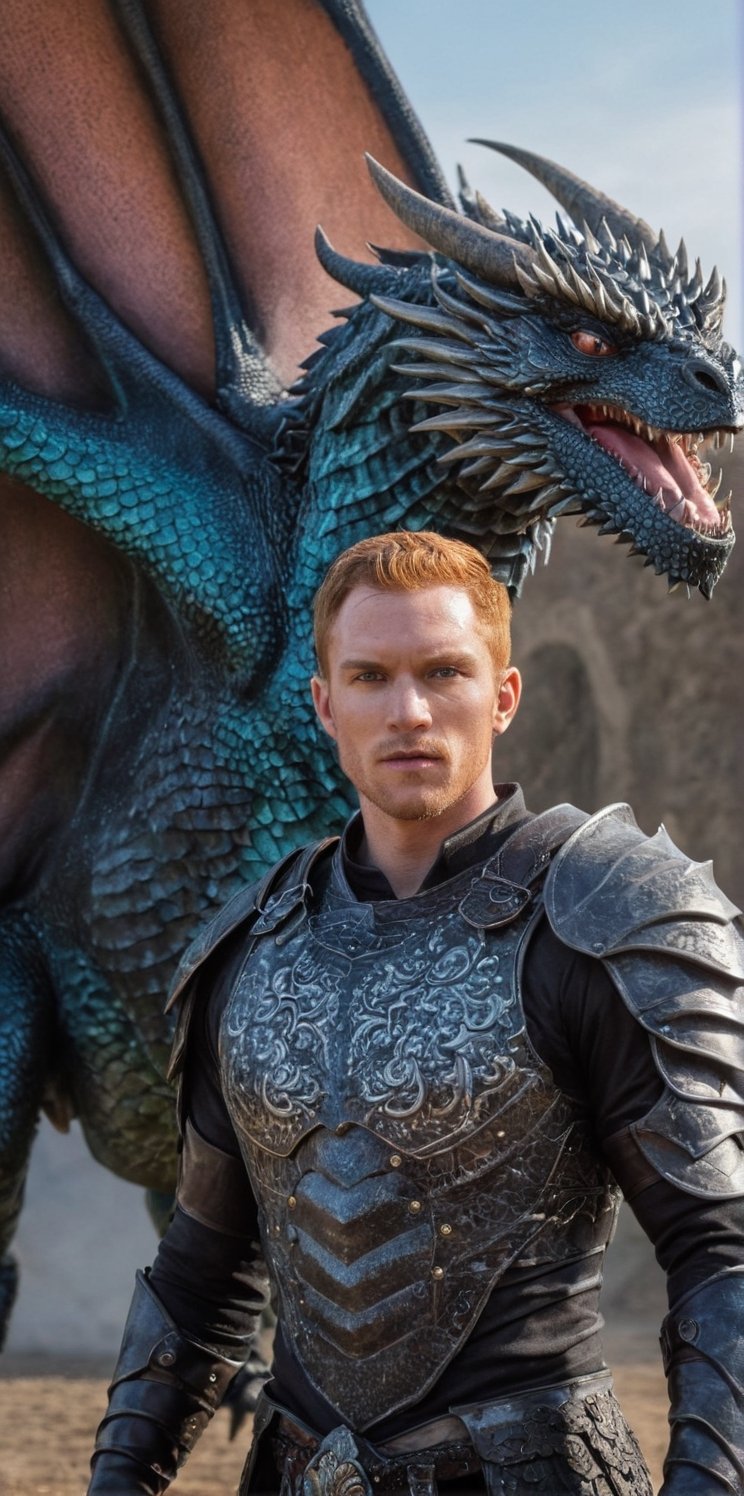 Imagine the following surreal scene:

A large black dragon flies, it is long with large wings.

In the center of the image in front of the dragon, a beautiful Latin man in armor, 25yo, muscular, very light and bright blue eyes, straight ginger hair, short hair, long eyelashes, sensual lips and pink. Male. very freckled

(((wearing a armor))).

The lighting is natural. Highlighting the man and the details of the scene. The focus on the dragon