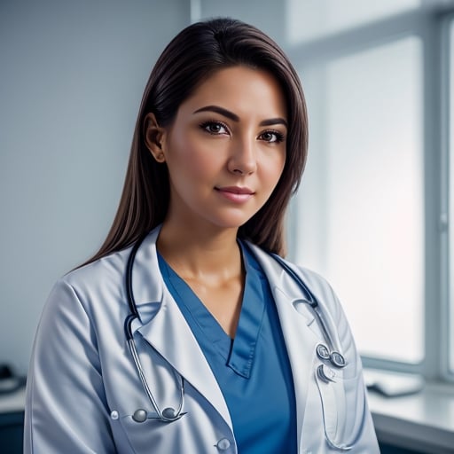  close up photo of   a  doctor  at her office,   looking to the viewer,   blurry lights on the background, SIDELIGHTING, CINEMATIC LIGHTING, DETAILED LIGHTING, VOLUMETRIC LIGHTING