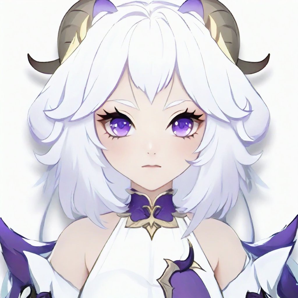 masterpiece,best quality,avatar,head photo,anime character avatar, ganyu_\(genshin_impact\), bell, horns, 1girl, detached_sleeves, goat_horns, cowbell, purple_eyes, ahoge, simple_background, bare_shoulders, medium_breasts, closed_mouth, blue_hair, bodysuit, white_background, breasts, upper_body