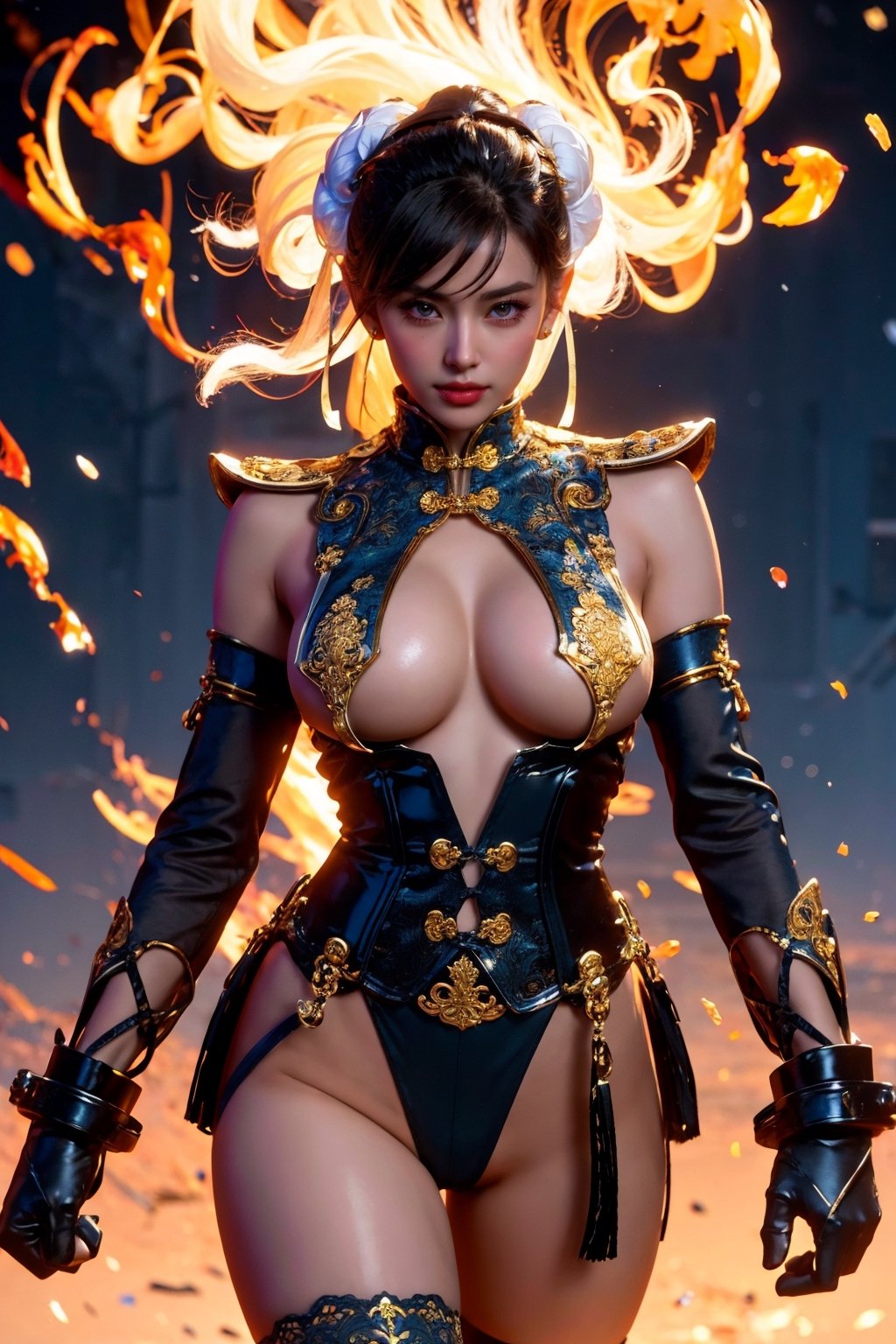 (Masterpiece, Top Quality, Best Quality, Official Art, Beauty and Aesthetics: 1.2), HDR, high contrast, wide shot, 1girl, long hair, cheering for the audience, noticeable brown eyes, long light eyebrows, soft makeup, Gradient lips, hourglass body, big breasts, daytime, street, finger details, background details, ambient light, extreme details, movie shots, realistic illustrations, (soothing tones: 1.3), (super details: 1.2), Chun-Li,r1ge