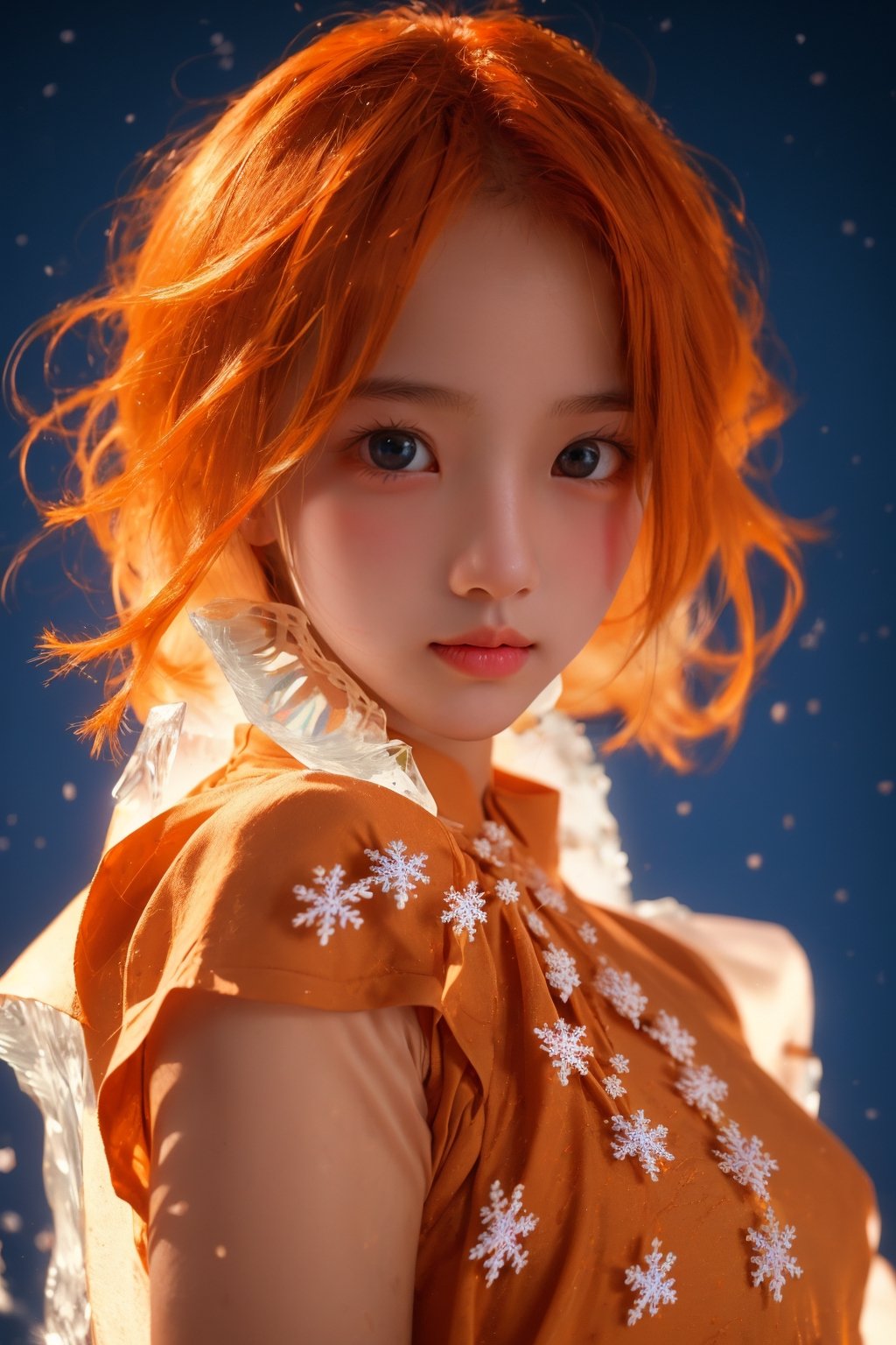  (ice:1.5), ((best quality)), ((masterpiece)), ((ultra-detailed)), extremely detailed CG, (illustration), ((detailed light)), (an extremely delicate and beautiful), a girl, solo, ((upper body,)), ((cute face)), expressionless, (beautiful detailed eyes), full breasts, (medium breasts:1.2), Orange dragon eyes, (Vertical pupil:1.2), white hair, shiny hair, colored inner hair, [Armor_dress], Orange_hair ornament, ice adorns hair,depth of field, [ice crystal], (snowflake), angel, (\shuang hua\), ((poakl)),r1ge