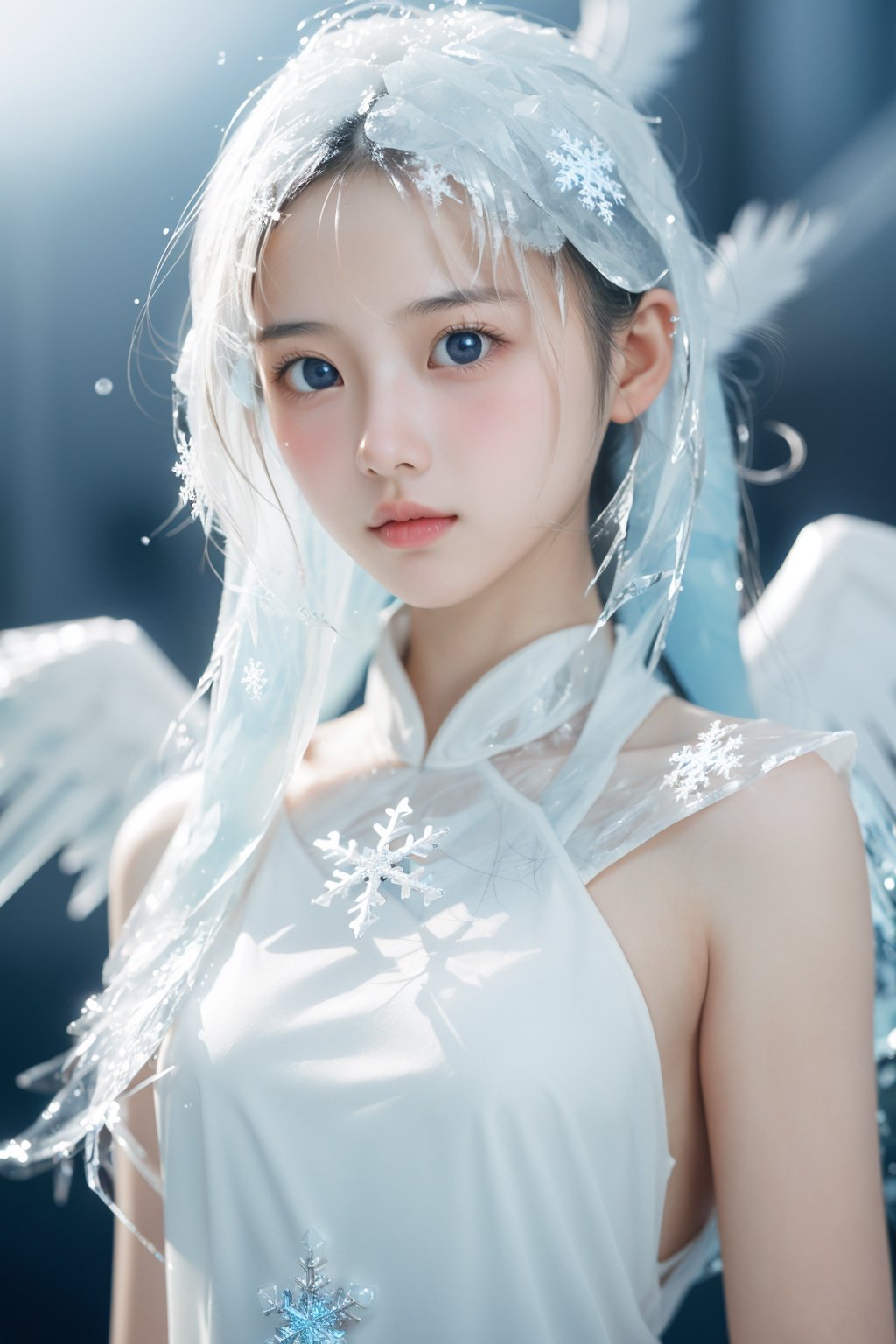  (ice:1.5), ((best quality)), ((masterpiece)), ((ultra-detailed)), extremely detailed CG, (illustration), ((detailed light)), (an extremely delicate and beautiful), a girl, solo, ((upper body,)), ((cute face)), expressionless, (beautiful detailed eyes), full breasts, (medium breasts:1.2), White dragon eyes, (Vertical pupil:1.2), white hair, shiny hair, colored inner hair, [Armor_dress], White_hair ornament, ice adorns hair,depth of field, [ice crystal], (snowflake), angel, (\shuang hua\), ((poakl)),r1ge