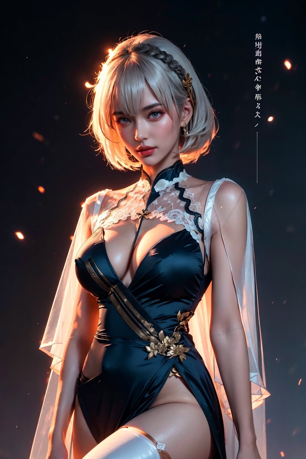 (masterpiece, top quality, best quality, official art, beautiful and aesthetic:1.2), hdr, high contrast, wideshot, 1girl, blunt bangs, looking at viewer, (seducing act), frosty, icy eyeshadow, longfade eyebrow, soft make up, juicy lips, large breast, hourglass body, light smile, finger detailed, background detailed, ambient lighting, extreme detailed, cinematic shot, realistic ilustration, (soothing tones:1.3), (hyperdetailed:1.2), azlnsirius, side braid, hair ornament, chinese clothes, grey dress, breast curtains, pelvic curtain, garter straps, see-through, white thighhighs, white gloves, azlnsirius,azlnsirius, short hair,r1ge