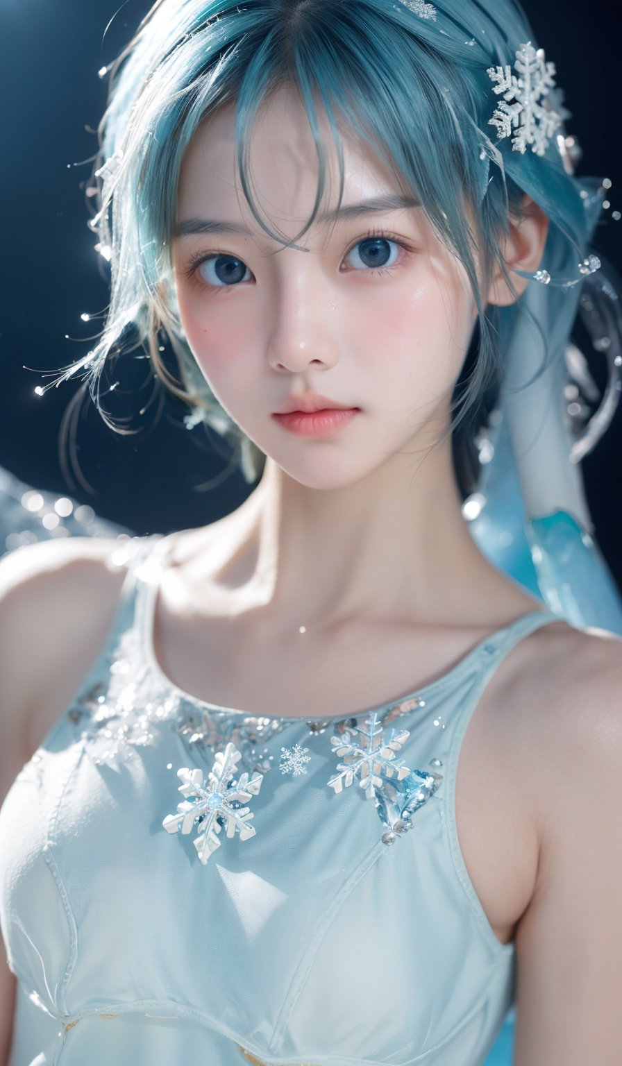  (ice:1.5), ((best quality)), ((masterpiece)), ((ultra-detailed)), extremely detailed CG, (illustration), ((detailed light)), (an extremely delicate and beautiful), a girl, solo, ((upper body,)), ((cute face)), expressionless, (beautiful detailed eyes), full breasts, (medium breasts:1.2), blue dragon eyes, (Vertical pupil:1.2), white hair, shiny hair, colored inner hair, [Armor_dress], blue_hair ornament, ice adorns hair,depth of field, [ice crystal], (snowflake), angel, (\shuang hua\), ((poakl))