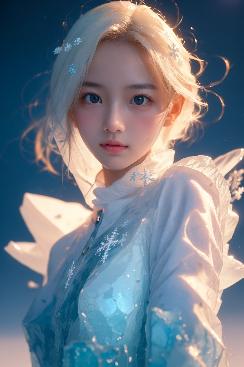  (ice:1.5), ((best quality)), ((masterpiece)), ((ultra-detailed)), extremely detailed CG, (illustration), ((detailed light)), (an extremely delicate and beautiful), a girl, solo, ((upper body,)), ((cute face)), expressionless, (beautiful detailed eyes), full breasts, (medium breasts:1.2), White dragon eyes, (Vertical pupil:1.2), white hair, shiny hair, colored inner hair, [Armor_dress], White_hair ornament, ice adorns hair,depth of field, [ice crystal], (snowflake), angel, (\shuang hua\), ((poakl)),r1ge