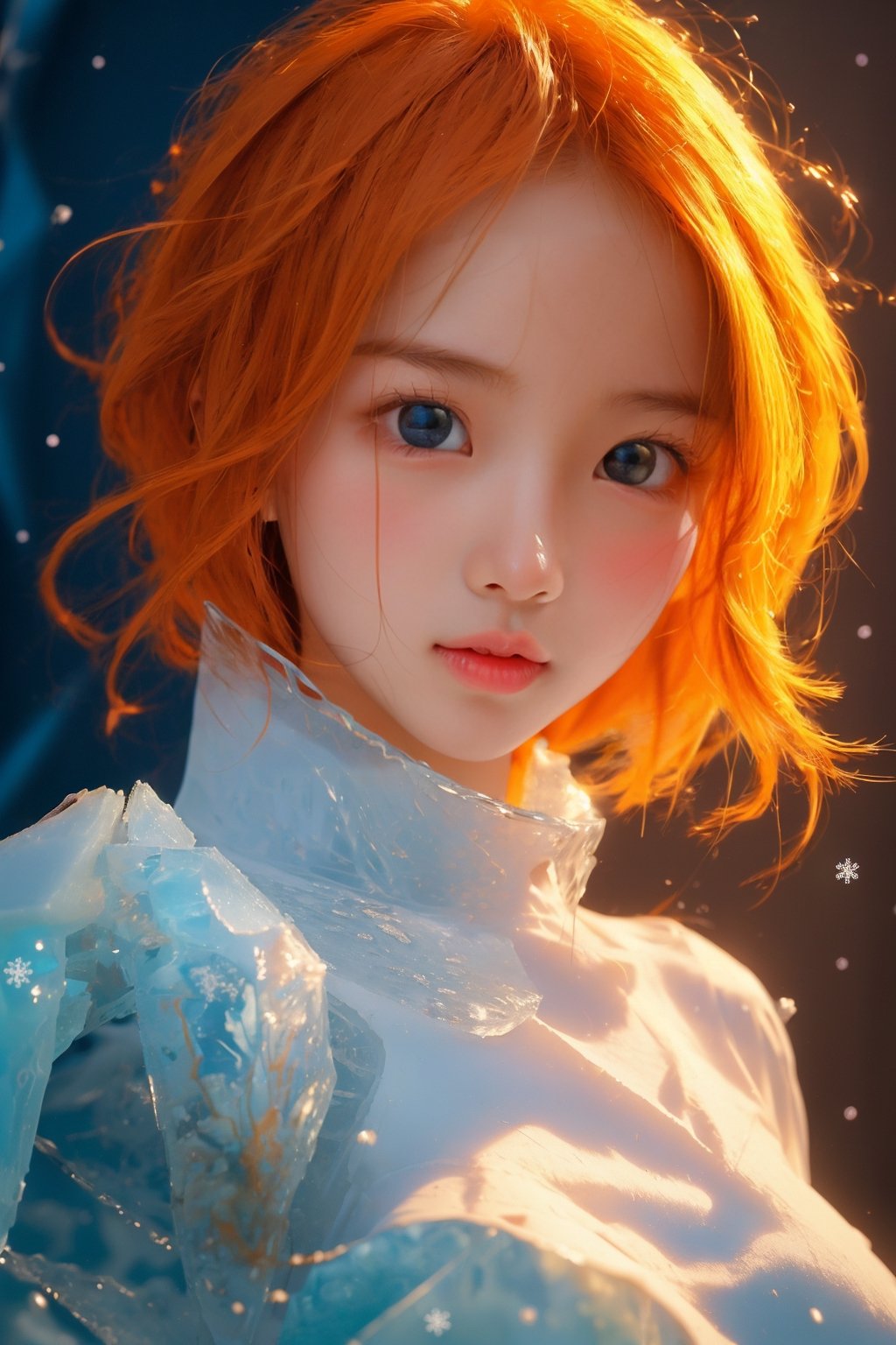  (ice:1.5), ((best quality)), ((masterpiece)), ((ultra-detailed)), extremely detailed CG, (illustration), ((detailed light)), (an extremely delicate and beautiful), a girl, solo, ((upper body,)), ((cute face)), expressionless, (beautiful detailed eyes), full breasts, (medium breasts:1.2), Orange dragon eyes, (Vertical pupil:1.2), white hair, shiny hair, colored inner hair, [Armor_dress], Orange_hair ornament, ice adorns hair,depth of field, [ice crystal], (snowflake), angel, (\shuang hua\), ((poakl)),r1ge