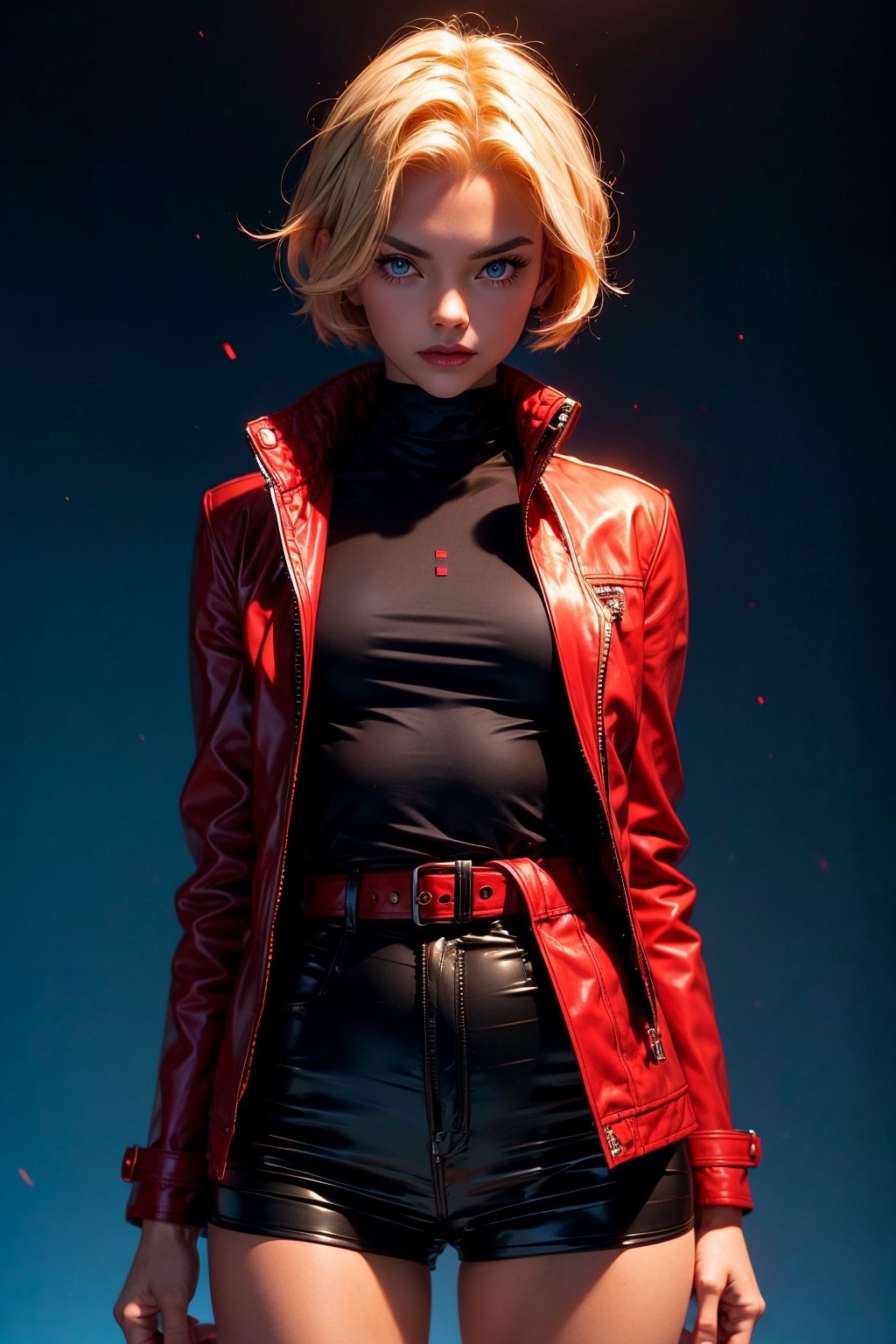 girl, red wool coat, pretty face, short hair, blonde hair, (photo reality: 1.3) , Edge lighting, (high detail skin: 1.2) , 2k quality image, high resolution, fit body ,fingers and a thumb , (photo reality: 1.3) , wearing a black ti-shirt white shorts , small chest, perfect jewline, graduated shading blue to red background, advanced feeling, texture full, 1080P,Masterpiece,r1ge