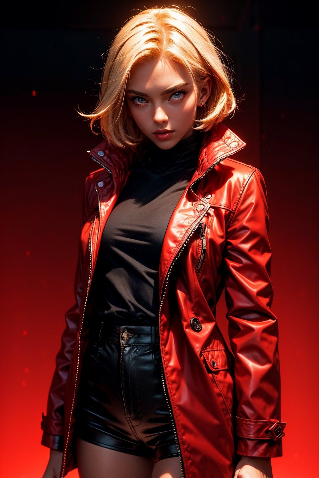 girl, red wool coat, pretty face, short hair, blonde hair, (photo reality: 1.3) , Edge lighting, (high detail skin: 1.2) , 2k quality image, high resolution, fit body ,fingers and a thumb , (photo reality: 1.3) , wearing a black ti-shirt white shorts , small chest, perfect jewline, graduated shading blue to red background, advanced feeling, texture full, 1080P,Masterpiece,r1ge