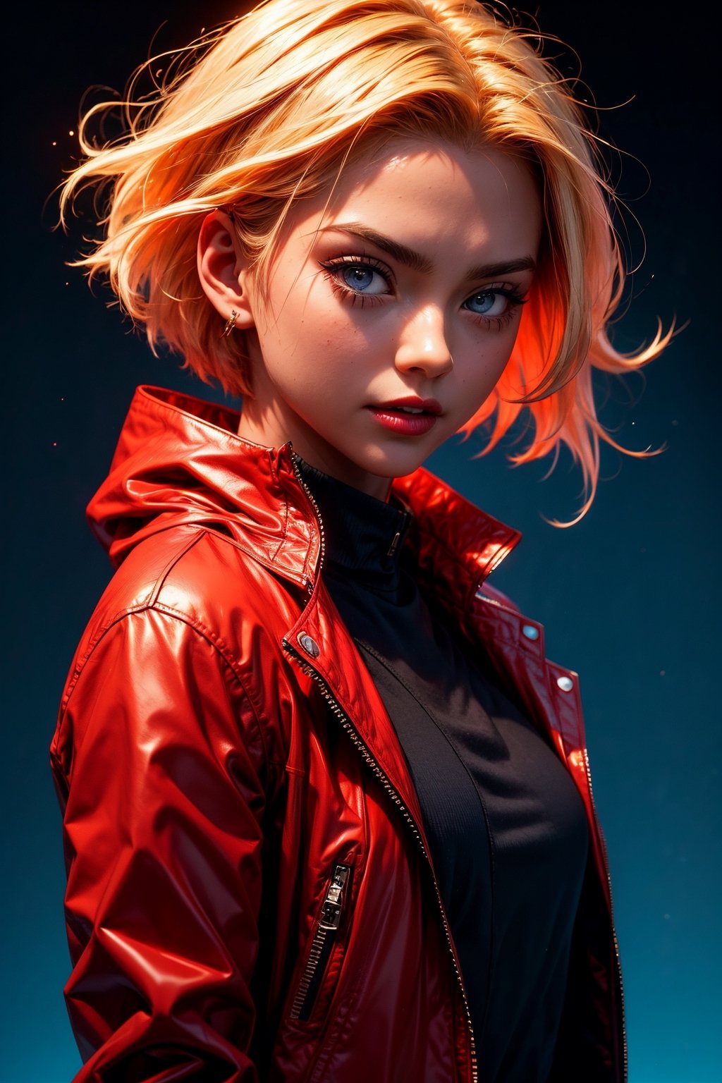 girl, red wool coat, pretty face, short hair, blonde hair, (photo reality: 1.3) , Edge lighting, (high detail skin: 1.2) , 2k quality image, high resolution, fit body ,fingers and a thumb , (photo reality: 1.3) , wearing a black ti-shirt white shorts , small chest, perfect jewline, graduated shading blue to red background, advanced feeling, texture full, 1080P,Masterpiece,r1ge