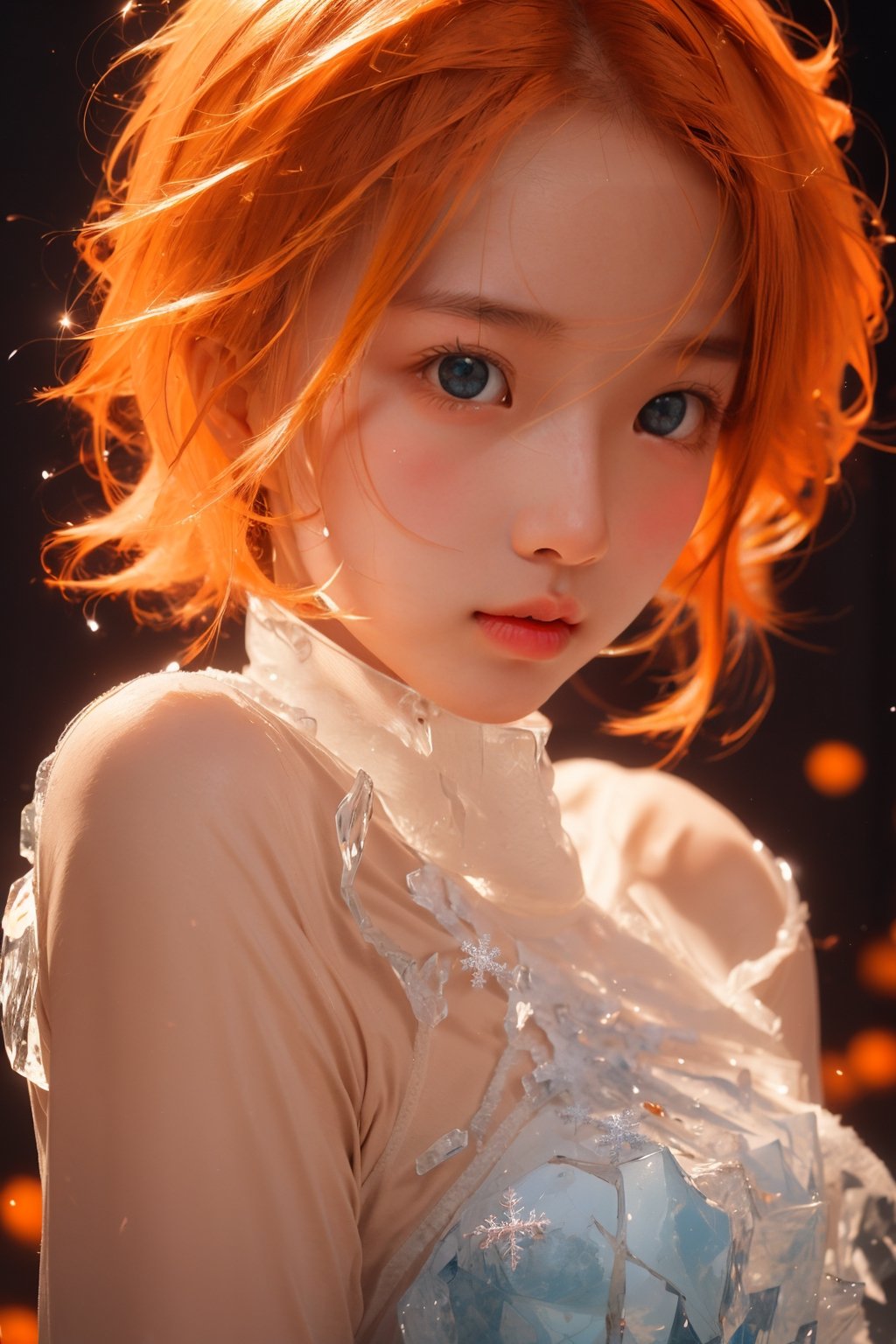  (ice:1.5), ((best quality)), ((masterpiece)), ((ultra-detailed)), extremely detailed CG, (illustration), ((detailed light)), (an extremely delicate and beautiful), a girl, solo, ((upper body,)), ((cute face)), expressionless, (beautiful detailed eyes), full breasts, (medium breasts:1.2), Orange dragon eyes, (Vertical pupil:1.2), white hair, shiny hair, colored inner hair, [Armor_dress], Orange_hair ornament, ice adorns hair,depth of field, [ice crystal], (snowflake), angel, (\shuang hua\), ((poakl)),r1ge